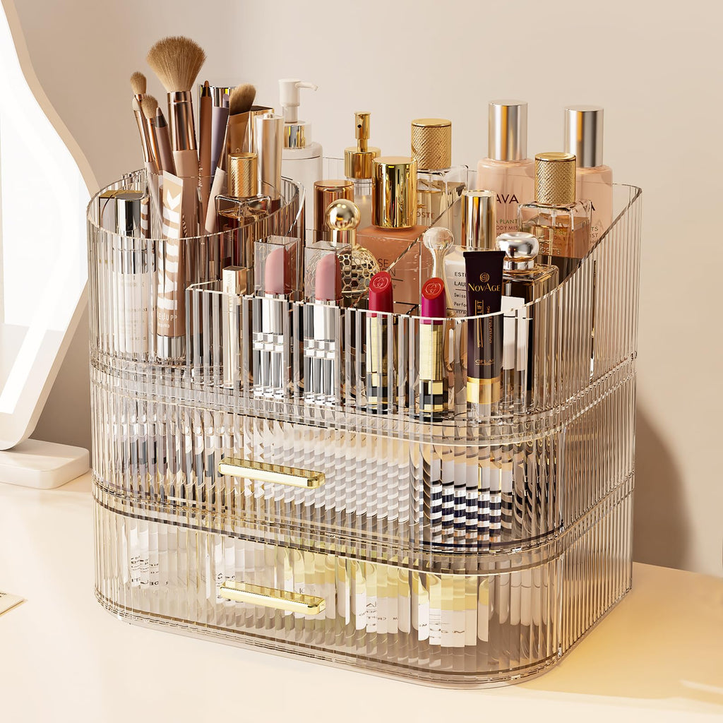 Makeup Organizer with 360 Rotating Brush Holder and Stackable Drawers, Cosmetic Display Case for Vanity, Bathroom Countertop (White, 3 Layer)