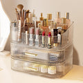 Makeup Organizer with 360 Rotating Brush Holder and Stackable Drawers, Cosmetic Display Case for Vanity, Bathroom Countertop (White, 3 Layer)
