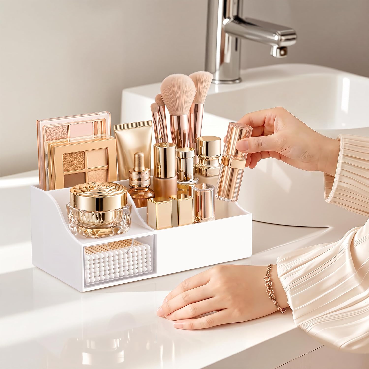 HBlife Makeup Organizer with Drawer – Cosmetic Storage for Vanity, Bathroom Countertop & Dresser, Skincare Organizer with Brush Holder, Beauty Display Case (White)