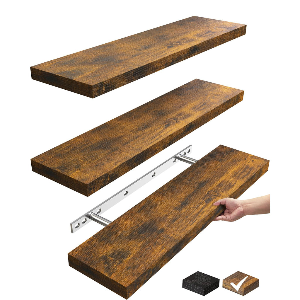Bayka Wall Shelves for Bedroom Decor, Floating Wall Shelves for Living Room Kitchen Storage, Wall Mounted Rustic Wood Shelves for Kids Books, Small Shelf for Bathroom(Rustic Brown，Set of 3)
