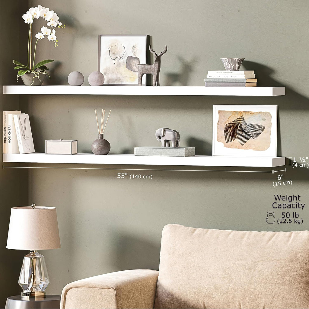 Ballucci Floating Shelves, 55" Wood Wall Shelf Set of 2, with Invisible Brackets for Bathroom, Living Room, Bedroom, Kitchen, Nursery, 6" Deep, White