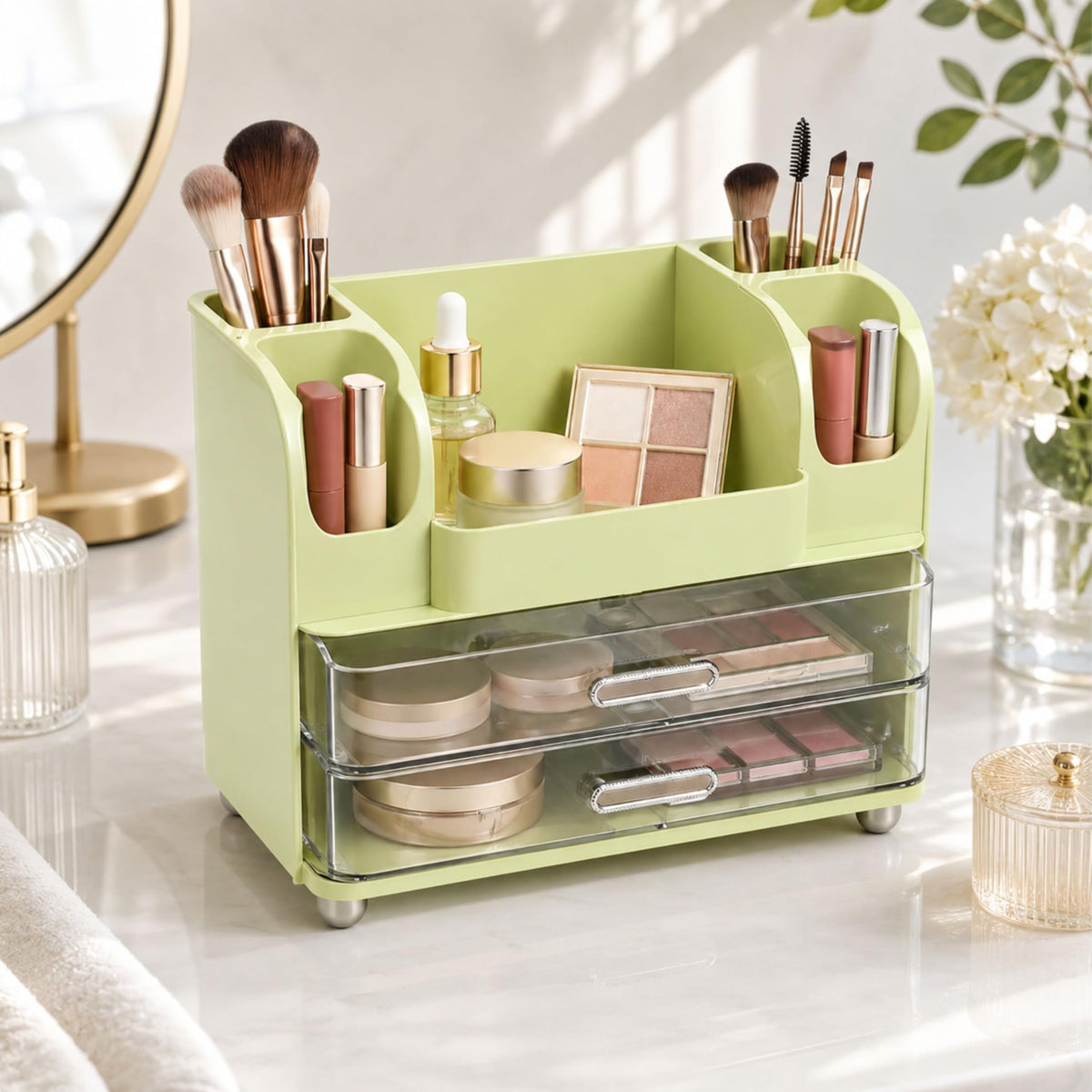 ROOM127 Makeup Organizer for Vanity with 2 Clear Drawers and Brush Holders