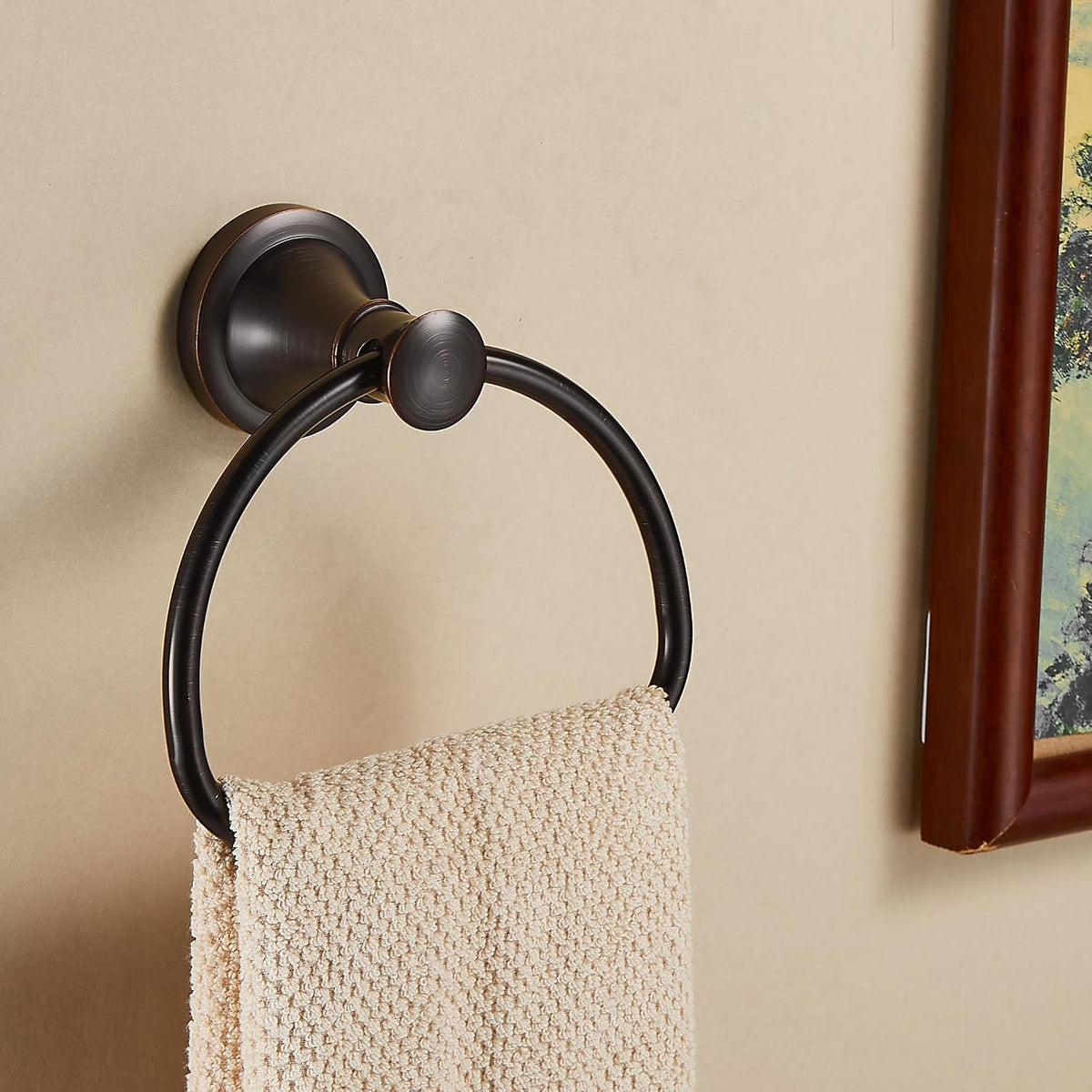 WOLIBEER Bronze Towel Ring,Bathroom Hand Towel Holder,Oil Rubbed Towel Hanger Wall Mount Farmhouse Towel Rack Rustic Bath Accessories Half Round