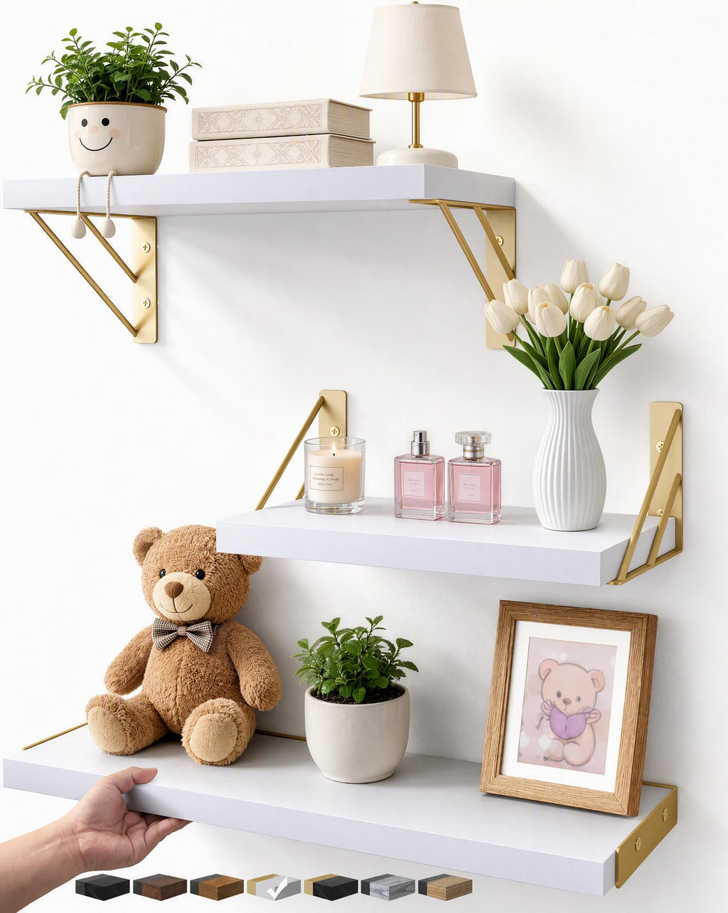 Bayka Wall Shelves for Bedroom Decor, Floating Wall Shelves for Living Room Kitchen Storage, Wall Mounted Rustic Wood Shelves for Kids Books, Small Shelf for Bathroom(Rustic Brown，Set of 3)