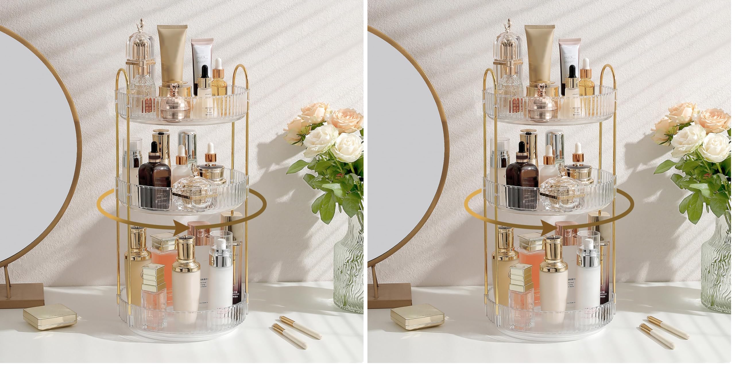 Aveniee 3-Tier 360° Rotating Makeup Organizer, Clear Spinning Perfume Cosmetic Storage for Vanity Countertop, Sturdy Metal Pole Skincare Holder Stand for Bathroom Dresser, White