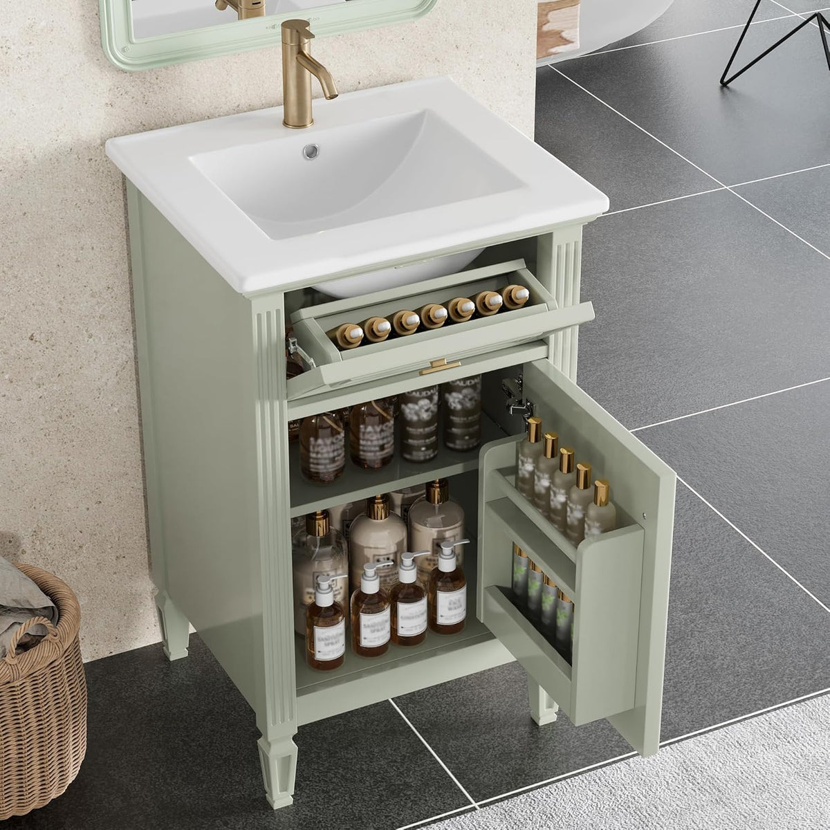 Virubi 20 in Small Bathroom Vanity with Sink, Soft Closing Door,Tilt-Out Drawer and Adjustable Shelf,Solid Wood Frame Modern Single Bathroom Sink Cabinet with Storage, Freestanding, Natural Wood