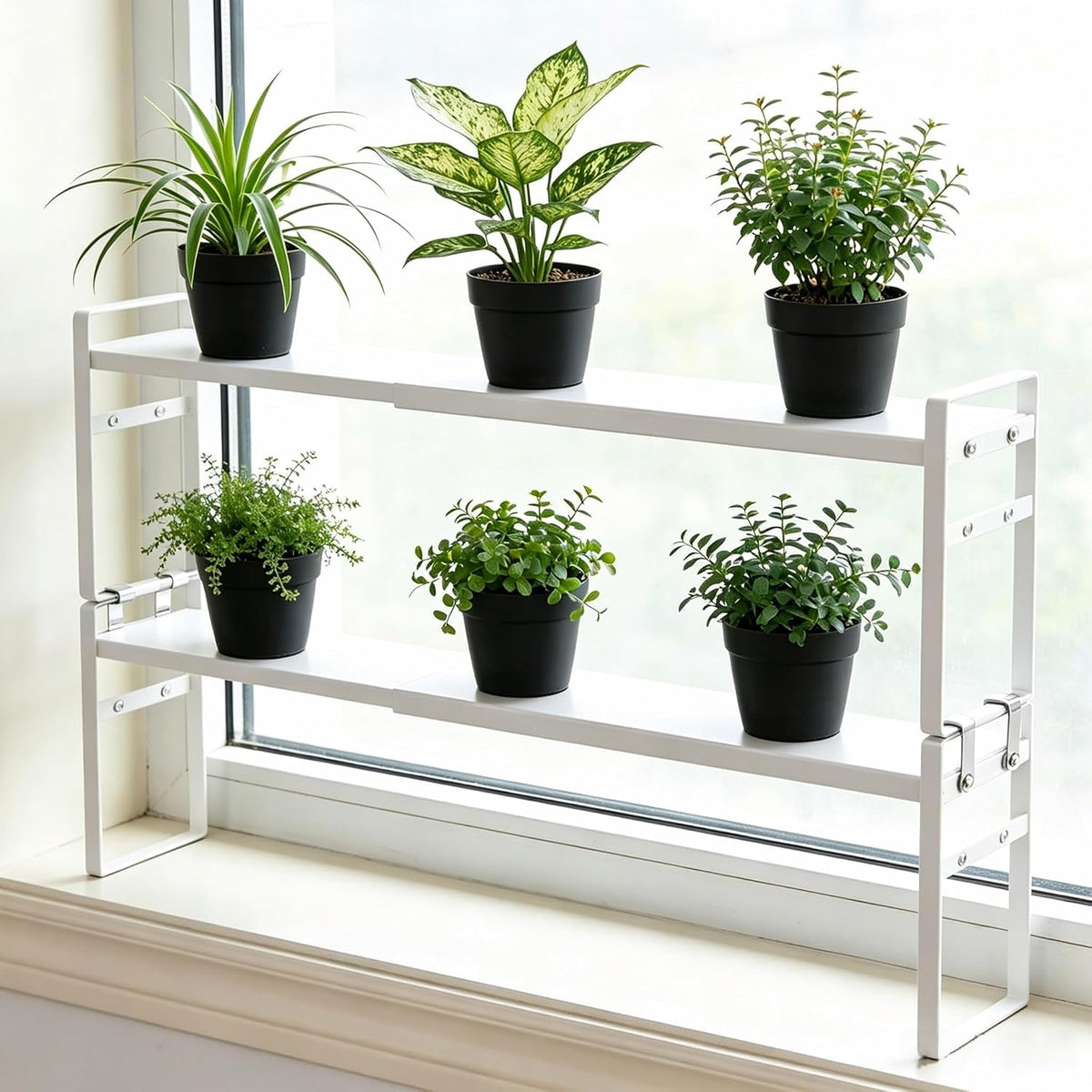2pcs Expandable Window Sill Plant Shelf, Narrow Expandable Window Shelf for Plants Kitchen Sink Organizer Stackable Shelves for Kitchen Counter, Windowsill Plants, Bathroom Vanity (White)