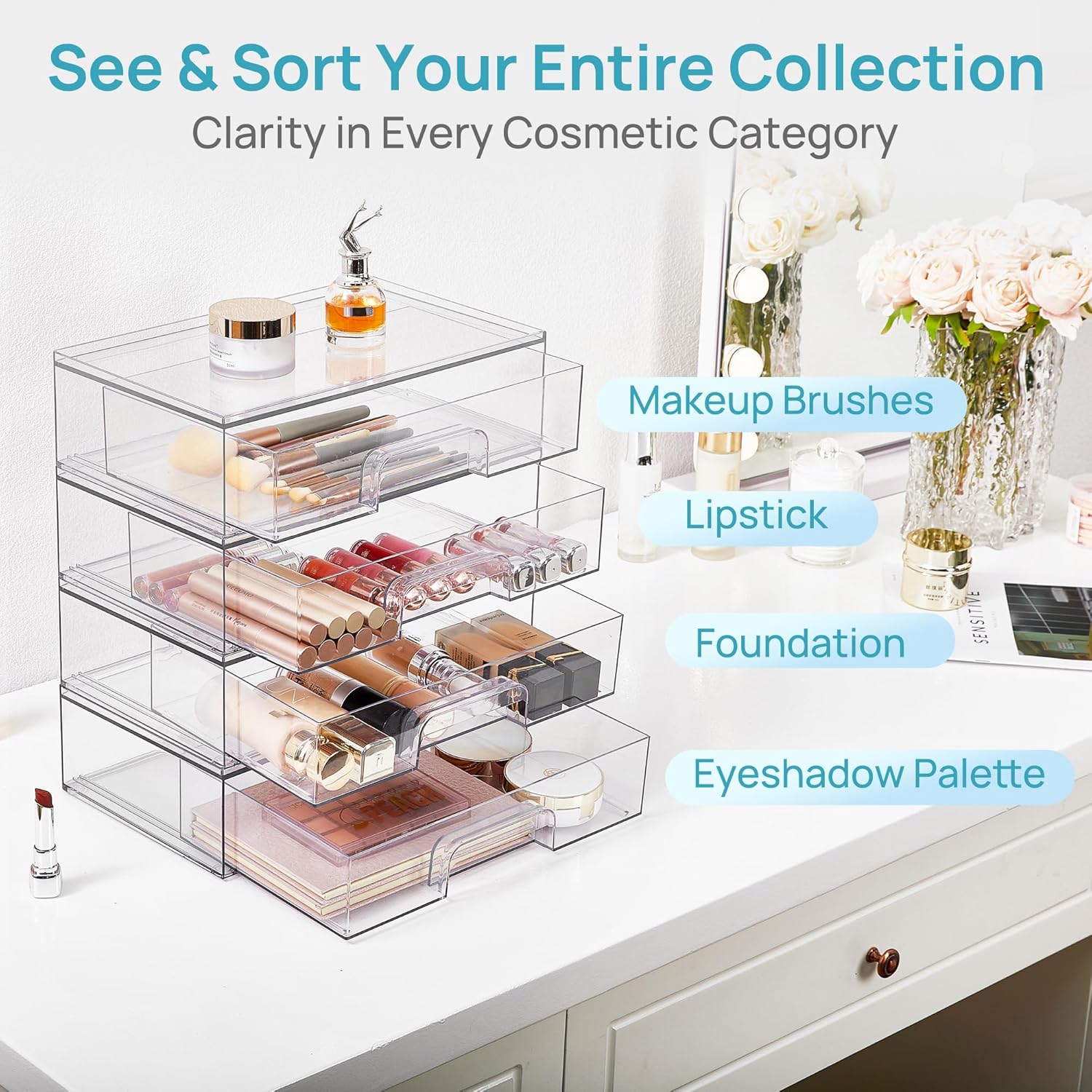 Vtopmart Clear Stackable Storage Drawers, 2 Pack Wide Plastic Organizers