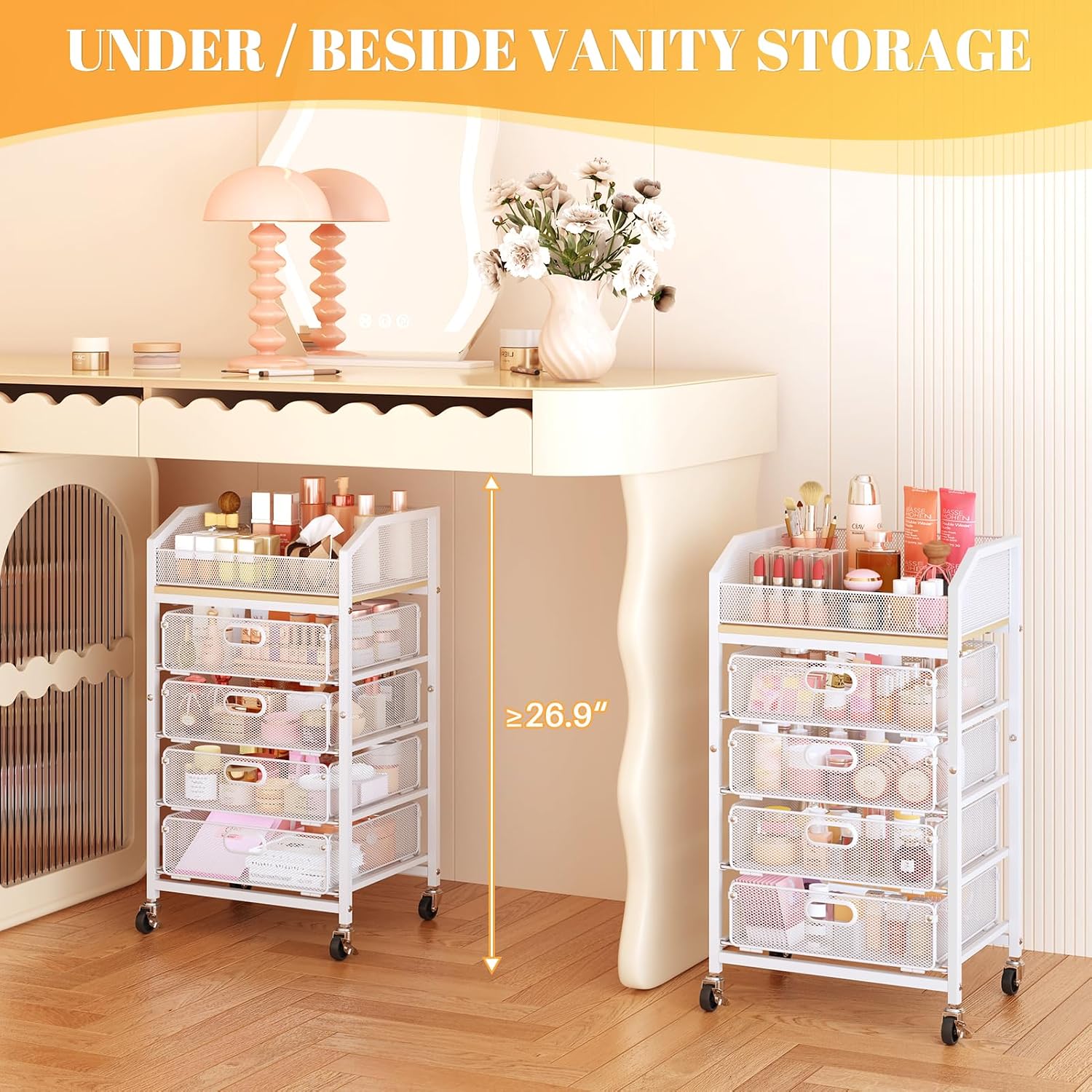 SUNALLY Rolling Makeup Cart with Drawers, Rolling Vanity Nail Cart, White