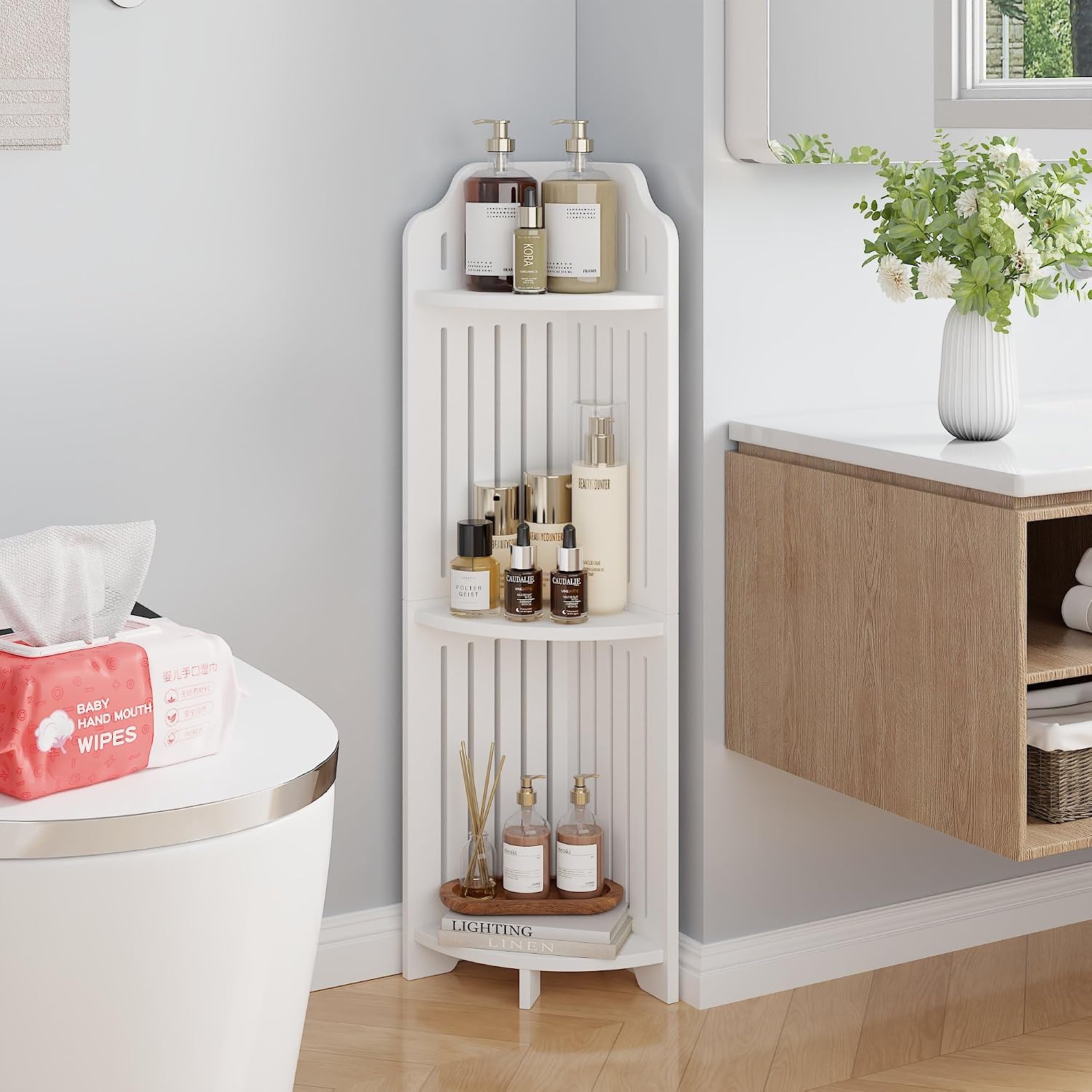 VECELO 3-Tier Bathroom Shelves for Narrow Space, Modern Corner Shelf Stand,Small Storage Organizer for Bathroom,Toilet Paper Stand,White