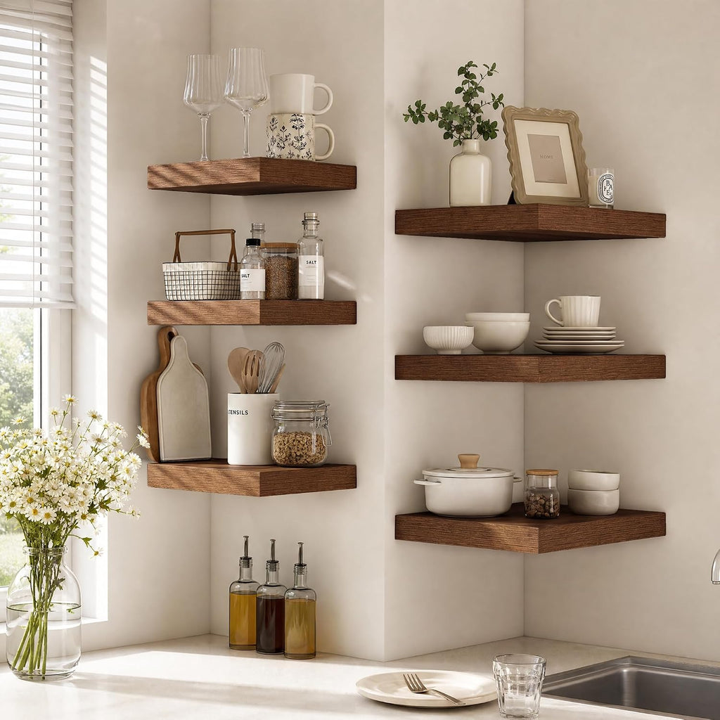 Deep Floating Shelves for Wall, 12 Inch Wide Small Wall Shelves Set of 2, 2 Inch Thick Invisible Wall Mounted Shelves for Bathroom Bedroom Nursery,Walnut Color