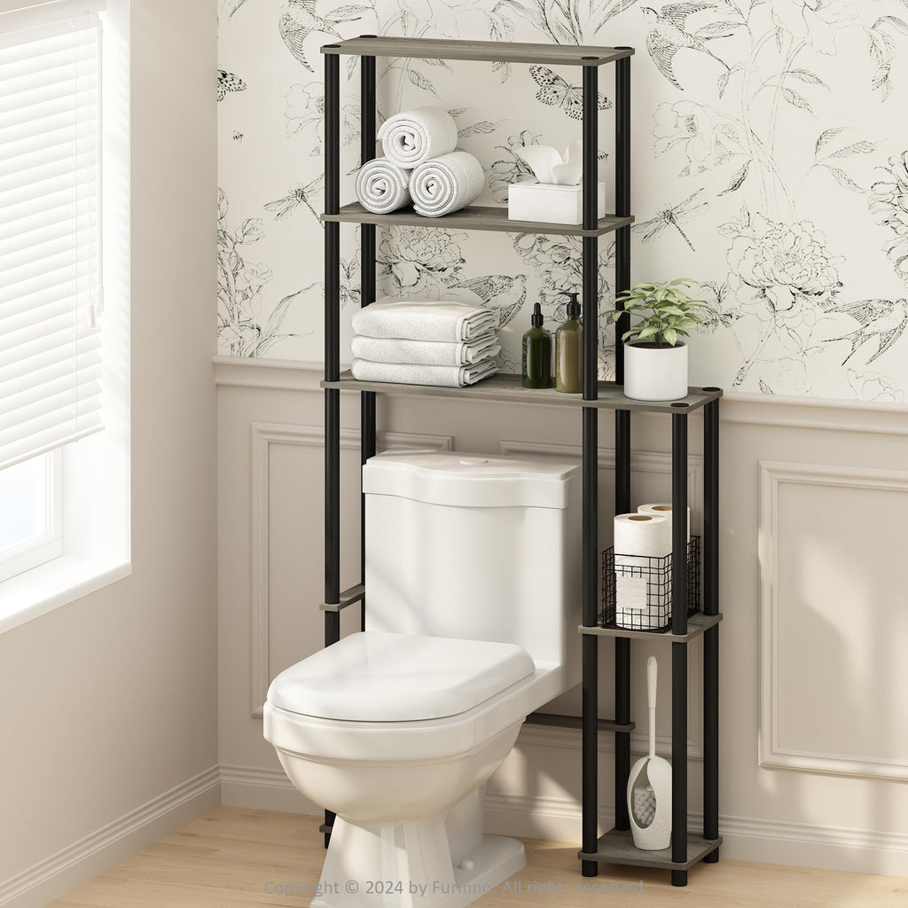 Furinno Turn-N-Tube Over The Toilet Storage, 5-Shelf Over The Toilet Organizer, Freestanding Space Saver Bathroom Shelf, for Bathroom Organizers and Storage, Plain White