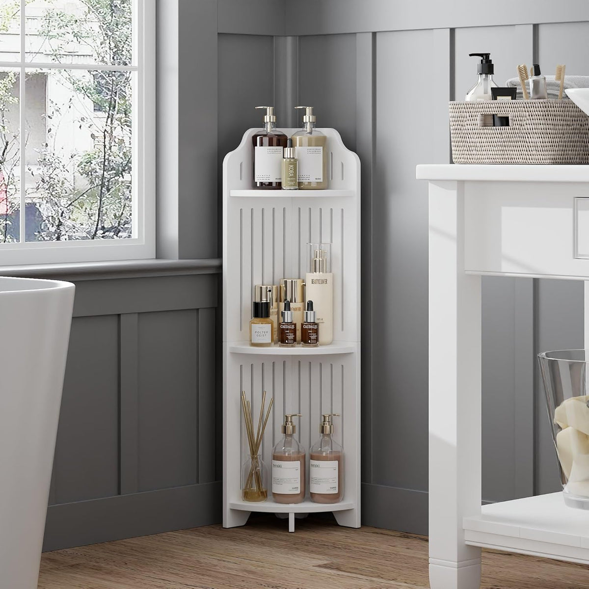 VECELO 3-Tier Bathroom Shelves for Narrow Space, Modern Corner Shelf Stand,Small Storage Organizer for Bathroom,Toilet Paper Stand,White