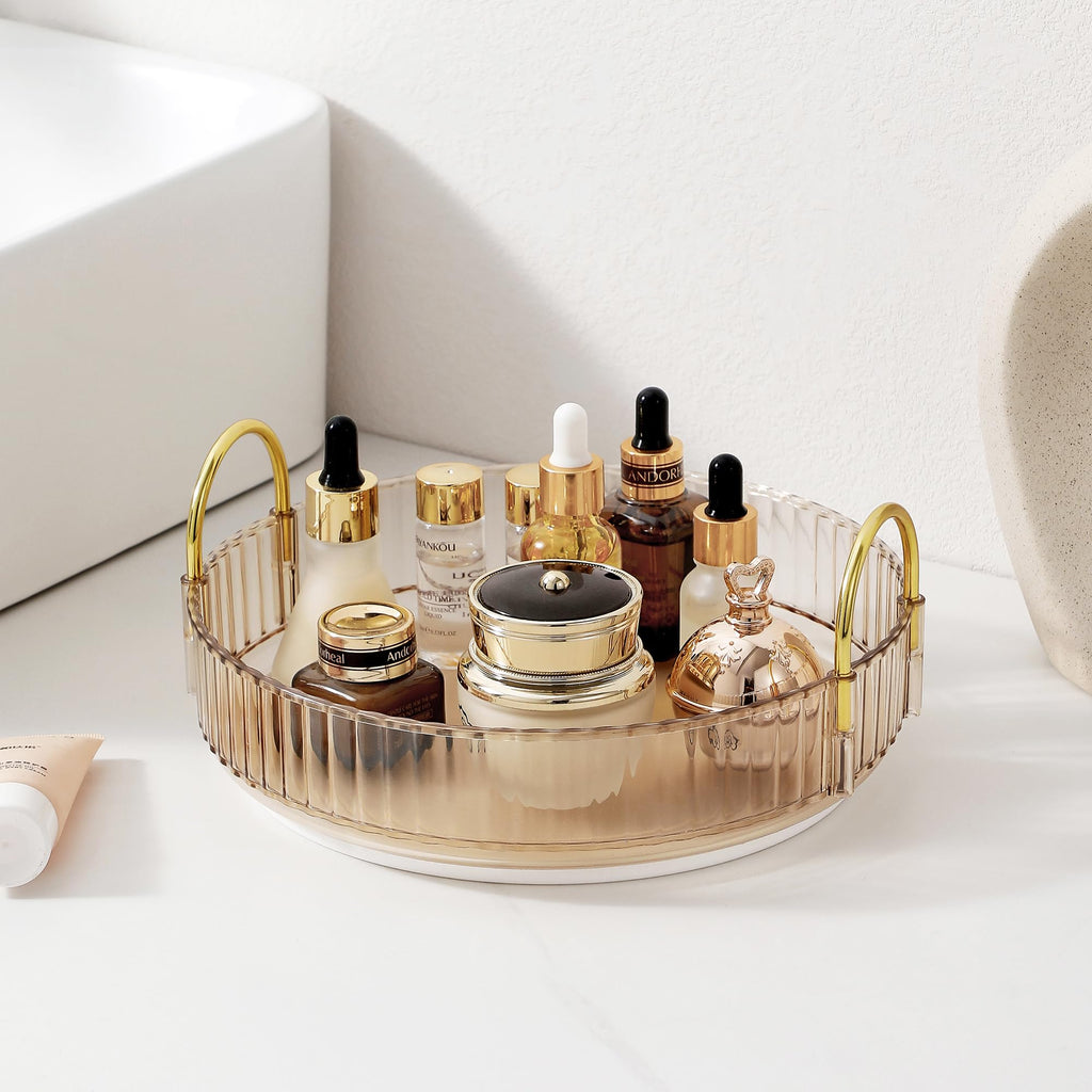 Aveniee 3-Tier 360° Rotating Makeup Organizer, Clear Spinning Perfume Cosmetic Storage for Vanity Countertop, Sturdy Metal Pole Skincare Holder Stand for Bathroom Dresser, White