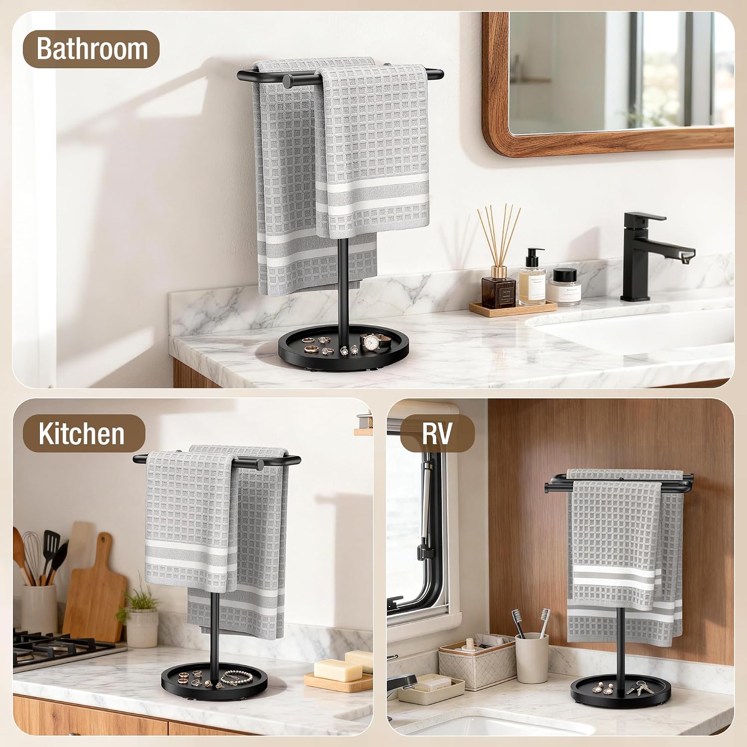 Aetyord S-Shape Countertop Towel Holder - Height Adjustable for Bathroom/Kitchen/RV | Rustproof Metal & Wood Base All Black
