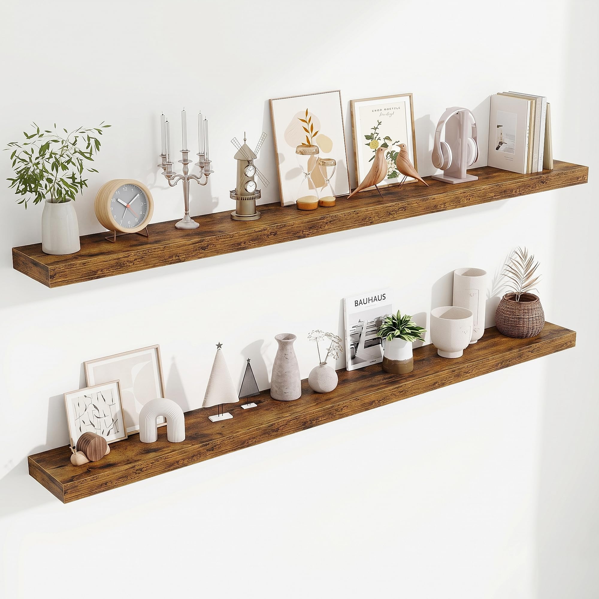 Fun Memories Floating Shelves Bathroom for Wall Mounted Shelves, 20 Inch Wood Shelf Set of 2, Home Storage & Display Decor, Walnut
