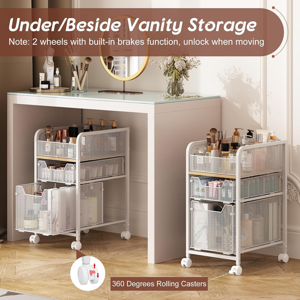 Hongtamoya Rolling Makeup Cart Organizer with 2 Drawers, Under Desk Storage