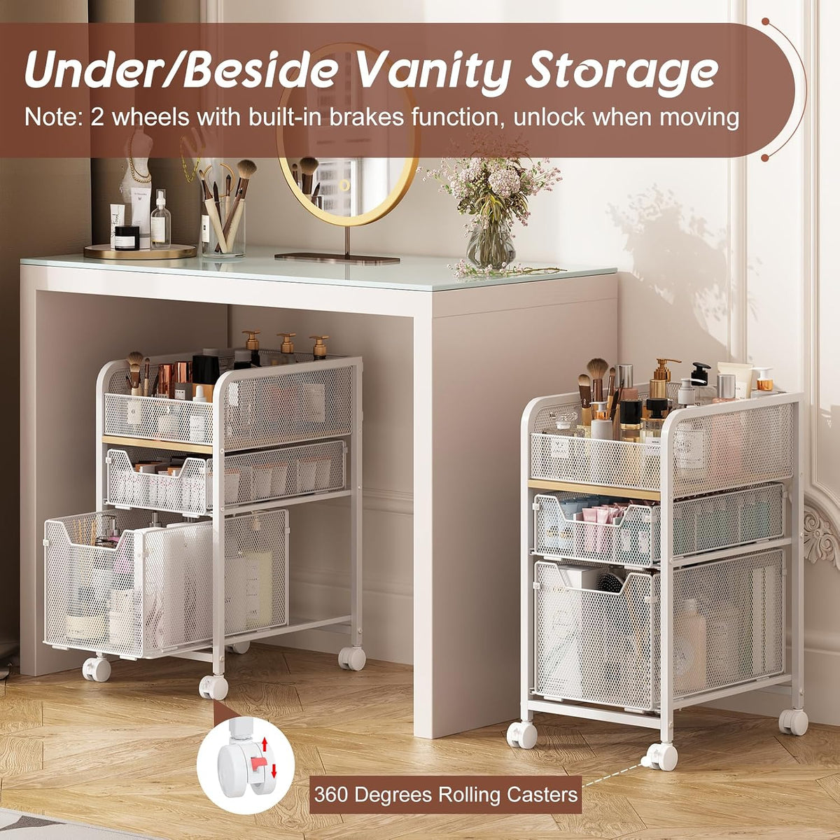 Hongtamoya Rolling Makeup Cart Organizer with 2 Drawers, Under Desk Storage