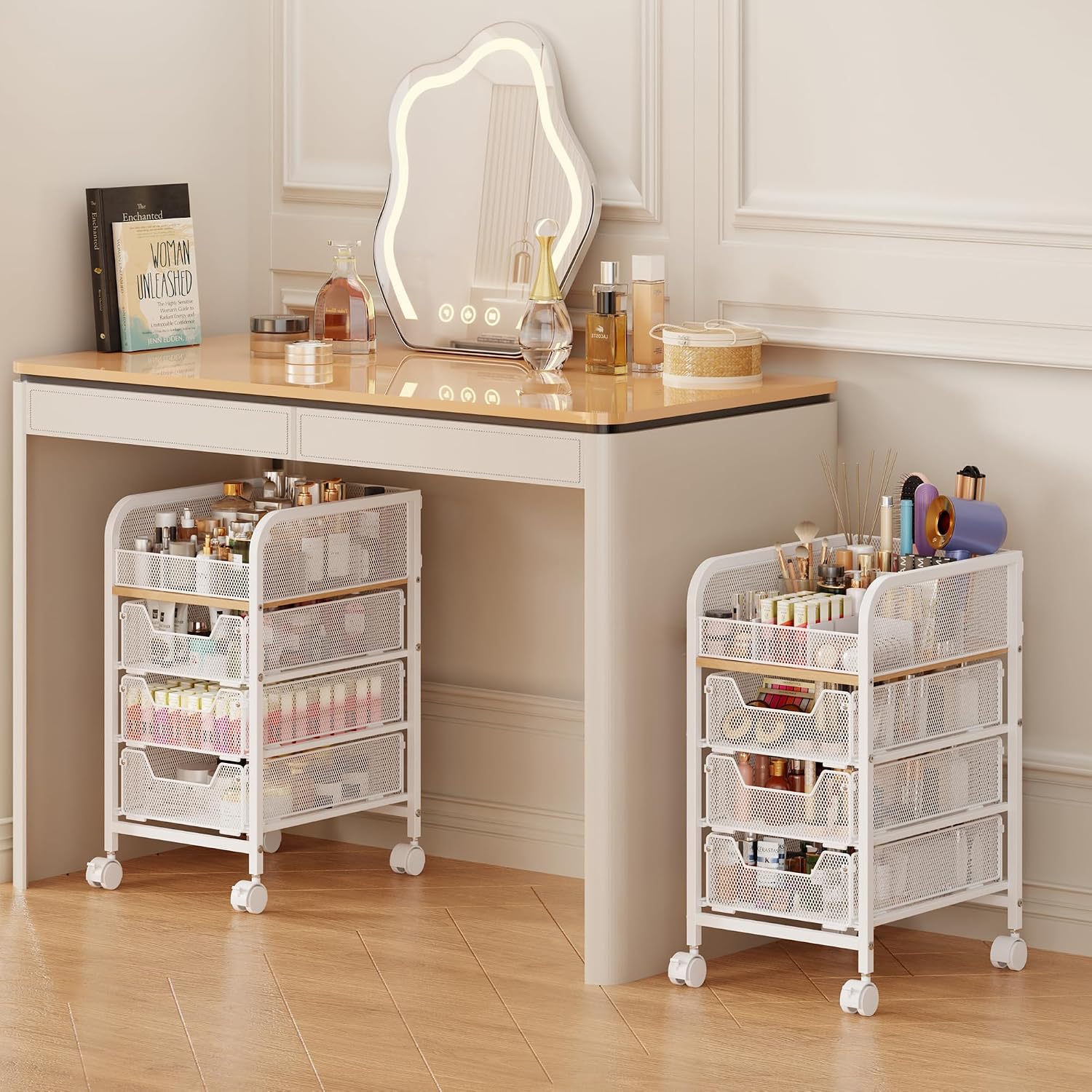 Rolling Makeup Cart Organizer with 3 Drawers, 4-Tier Narrow Floor Skincare Organizers with dividers, Vanity Organizer Cosmetics Display Cases for Makeup Brush, Hair Tool, White