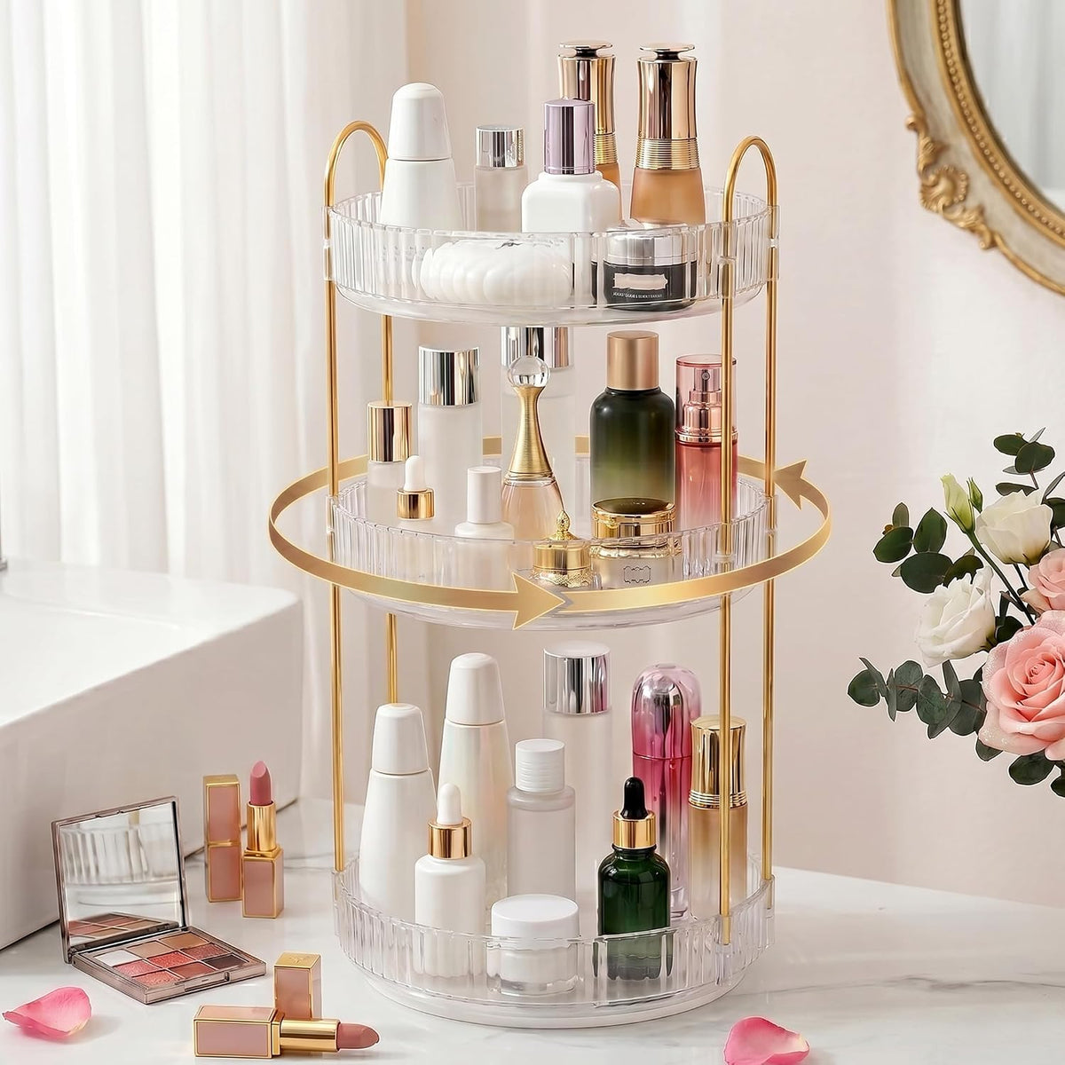 Aveniee 3-Tier 360° Rotating Makeup Organizer, Clear Spinning Perfume Cosmetic Storage for Vanity Countertop, Sturdy Metal Pole Skincare Holder Stand for Bathroom Dresser, White