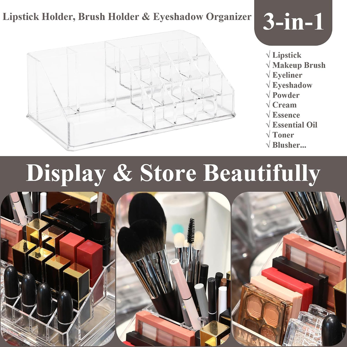 Sea Team Stackable Clear Acrylic 16-Slot Lipstick Organizer for Vanity