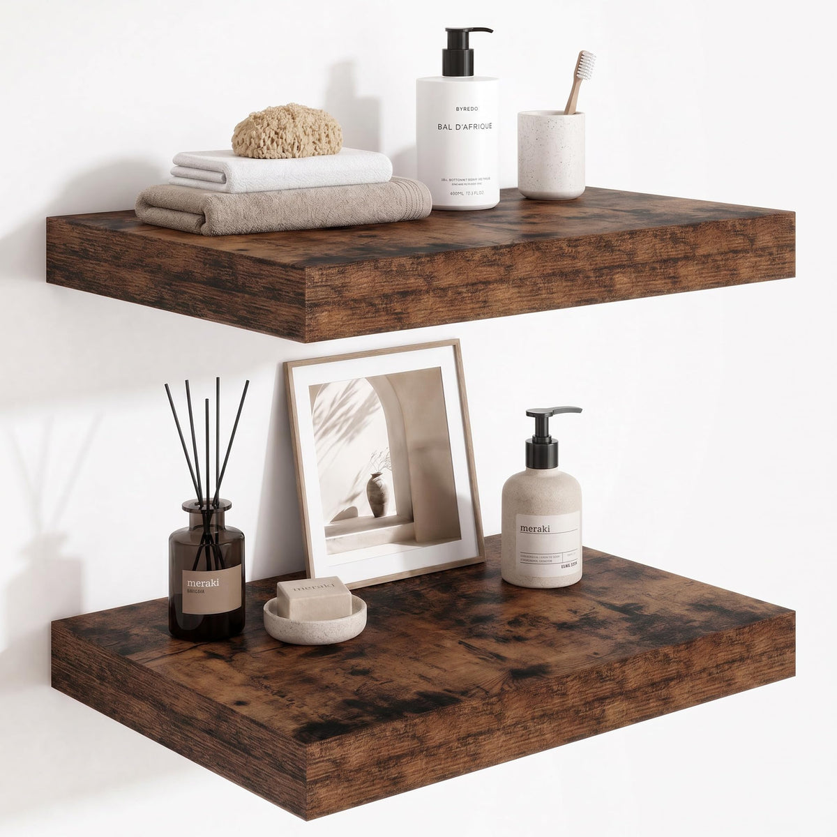 Deep Floating Shelves for Wall, 12 Inch Wide Small Wall Shelves Set of 2, 2 Inch Thick Invisible Wall Mounted Shelves for Bathroom Bedroom Nursery,Walnut Color