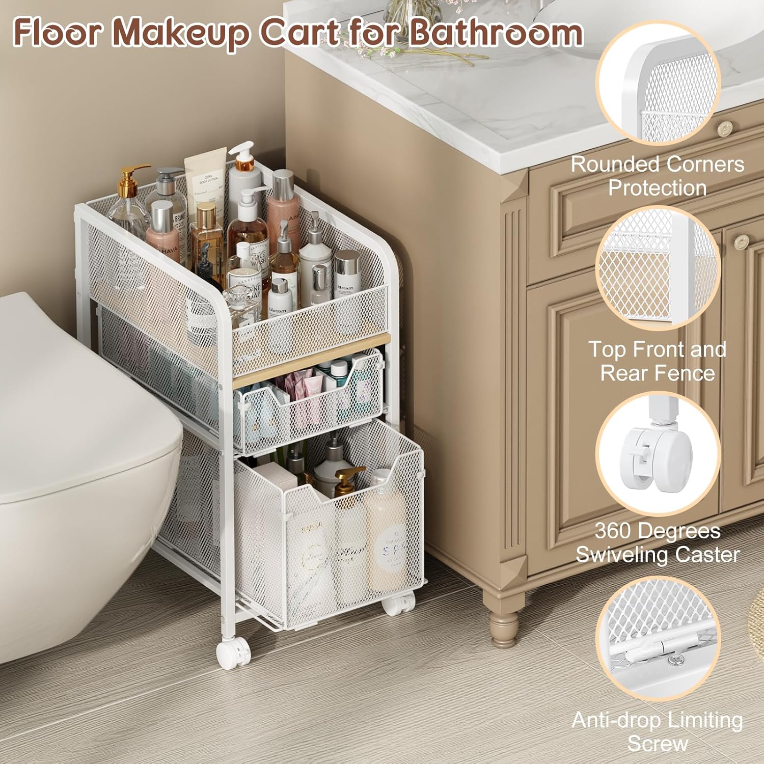 Hongtamoya Rolling Makeup Cart Organizer with 2 Drawers, Under Desk Storage