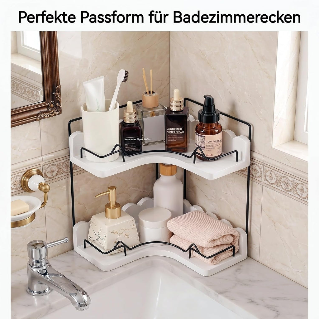 2-Tier Solid Wooden Corner Organizer with Elegant Scalloped Edge, Modern Stylish Shelf for Bathroom Vanity & Kitchen Countertop Storage, Moisture-Resistant with Anti-Fall Fences & Anti-Slip Pads