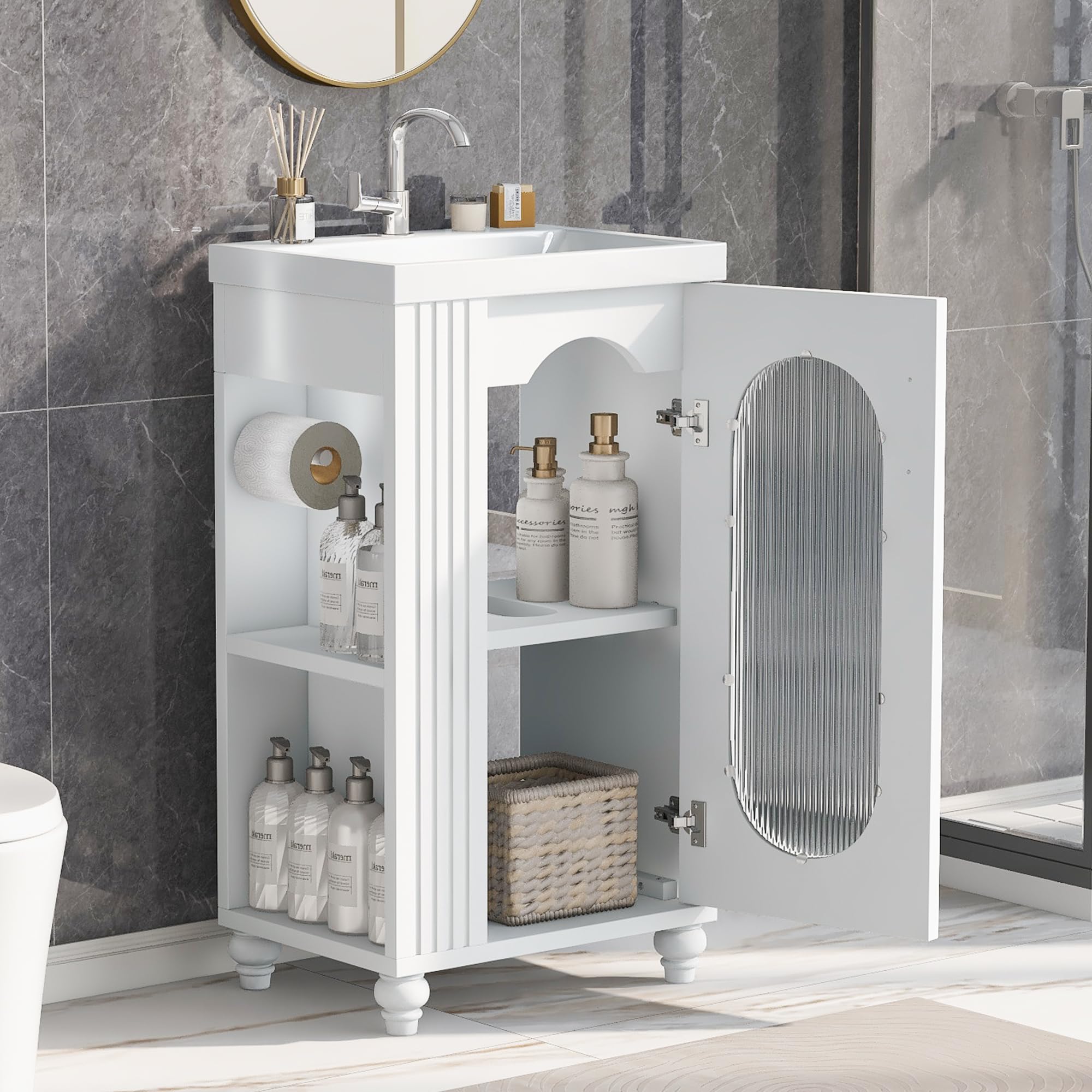 Virubi 20 in Small Bathroom Vanity with Sink, Soft Closing Door,Tilt-Out Drawer and Adjustable Shelf,Solid Wood Frame Modern Single Bathroom Sink Cabinet with Storage, Freestanding, Natural Wood