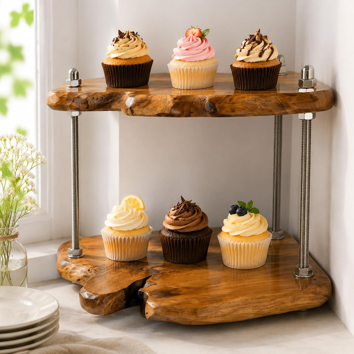 2-Tier Counter Corner Shelf ,Counter Corner Organizer,Natiral Edge Cedar Wood Bathroom Counter Organizer for Vanity Countertop Storage and Organization for Bathroom Kitchen Coffee Area, Over Sink