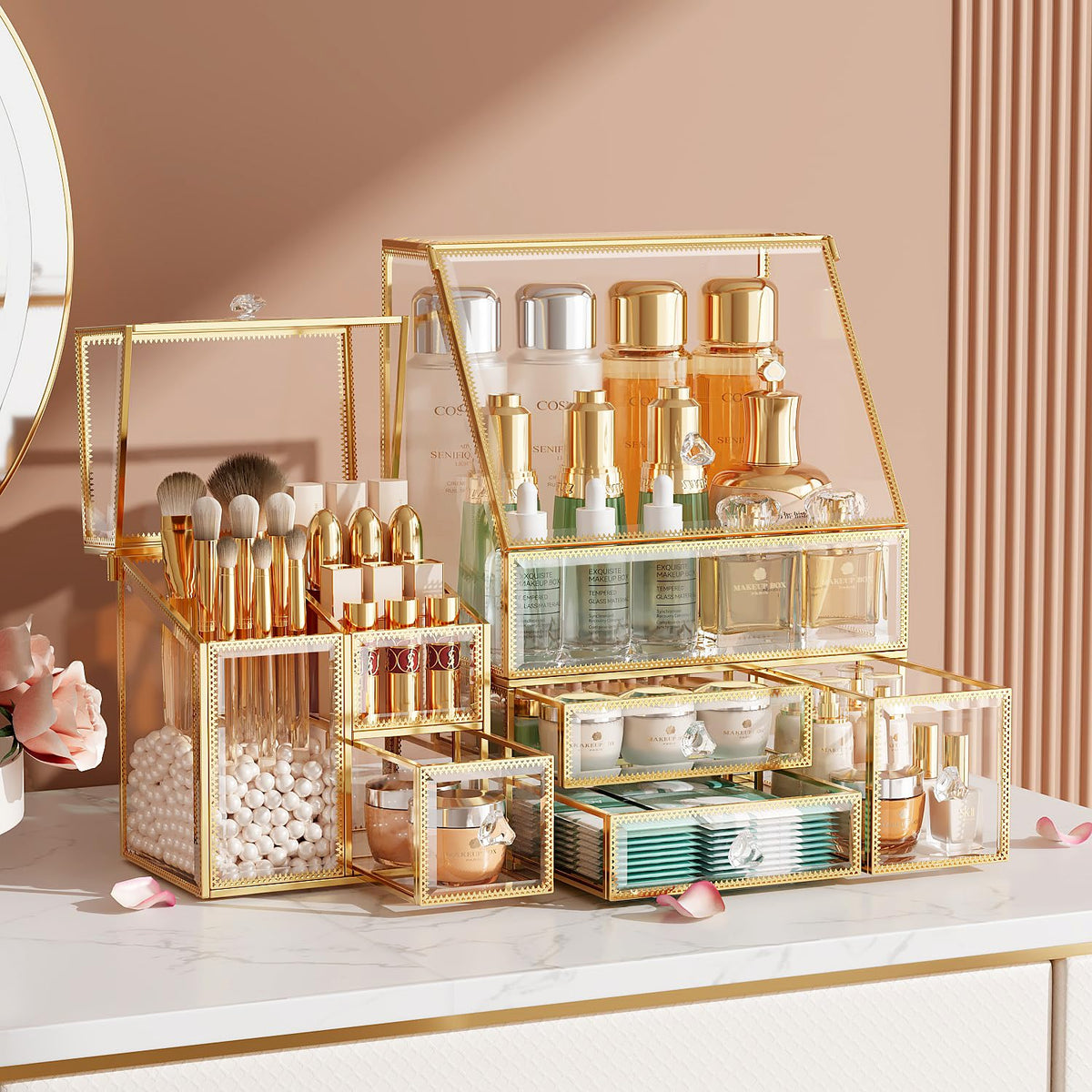 CoralHouse Glass Makeup Organizer with Brush Holder for Vanity