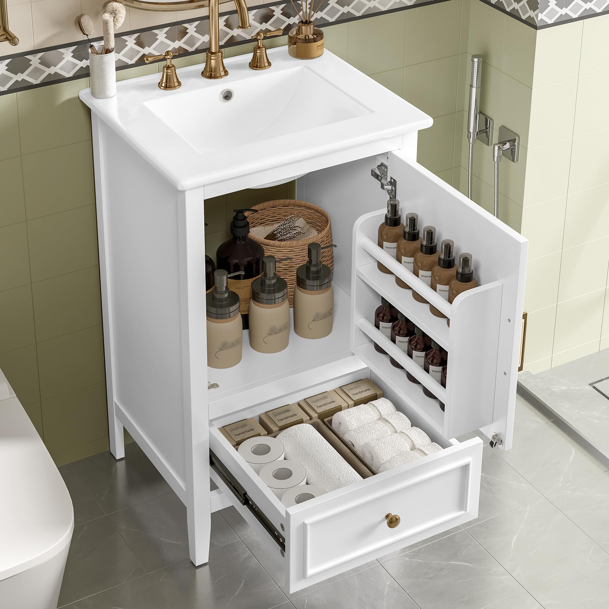 Virubi 20 in Small Bathroom Vanity with Sink, Soft Closing Door,Tilt-Out Drawer and Adjustable Shelf,Solid Wood Frame Modern Single Bathroom Sink Cabinet with Storage, Freestanding, Natural Wood