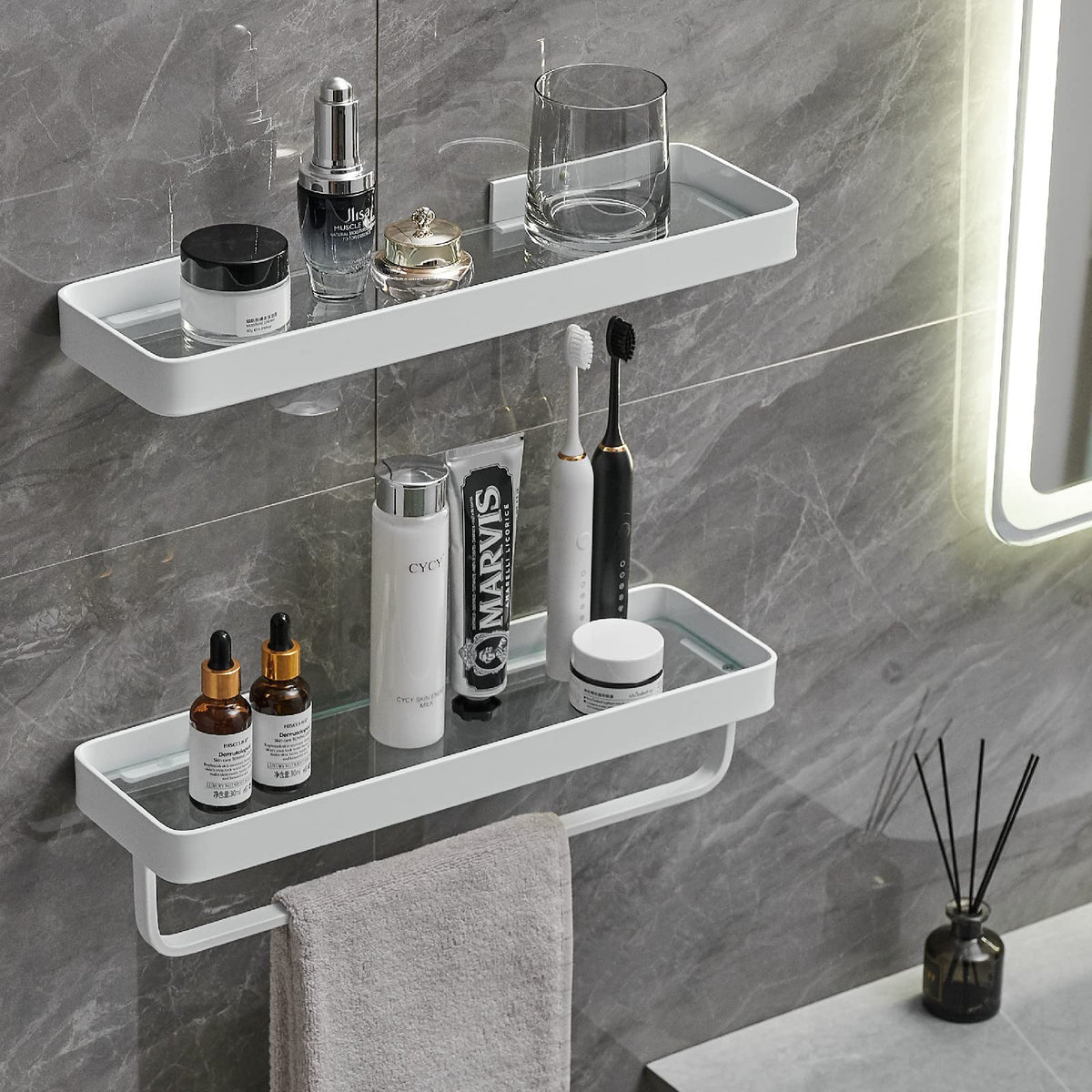 VOLPONE Stainless Steel Wall Mounted Bathroom Shelves - 2-Tier Floating Shelf with Removable Hooks (Brushed Nickel)