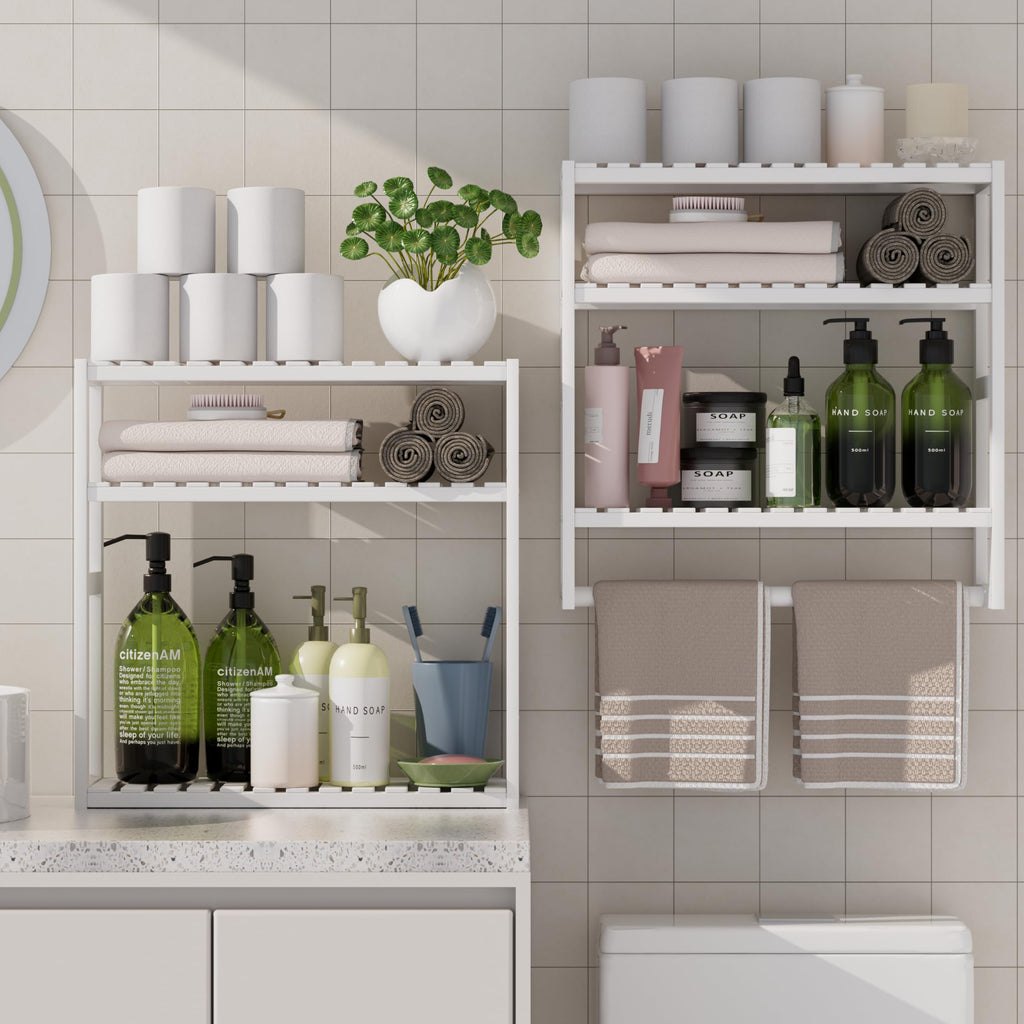 PPN 100% Bamboo Towel Rack Bathroom Storage Shelves Over Toilet Towel Bar