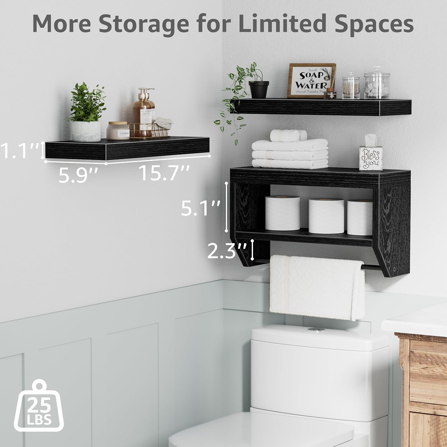 QEEIG Bathroom Wall Shelf Floating Shelves (Black, Set of 3,15.7")