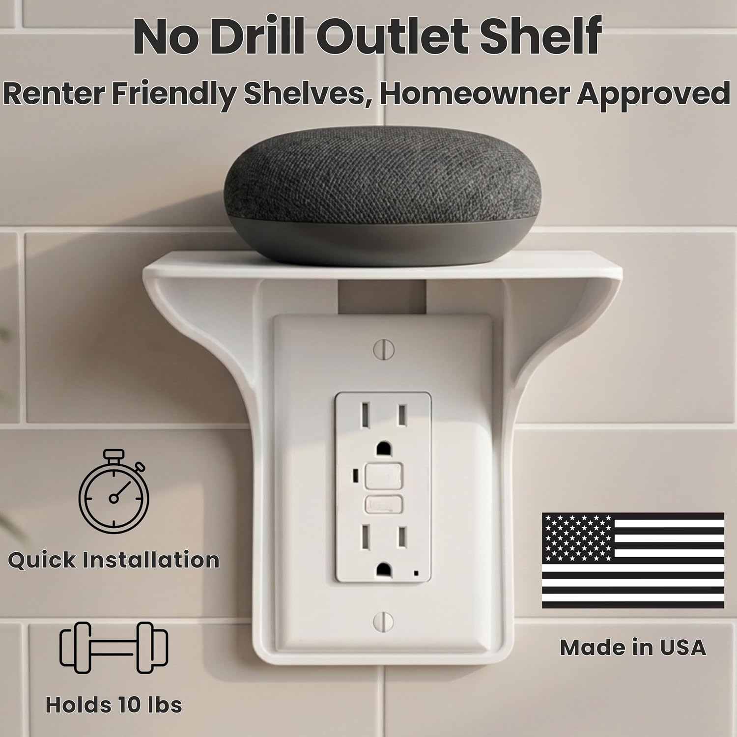 Power Perch Outlet Shelf with Cord Storage Strap, Plug Shelf White 2-Pack