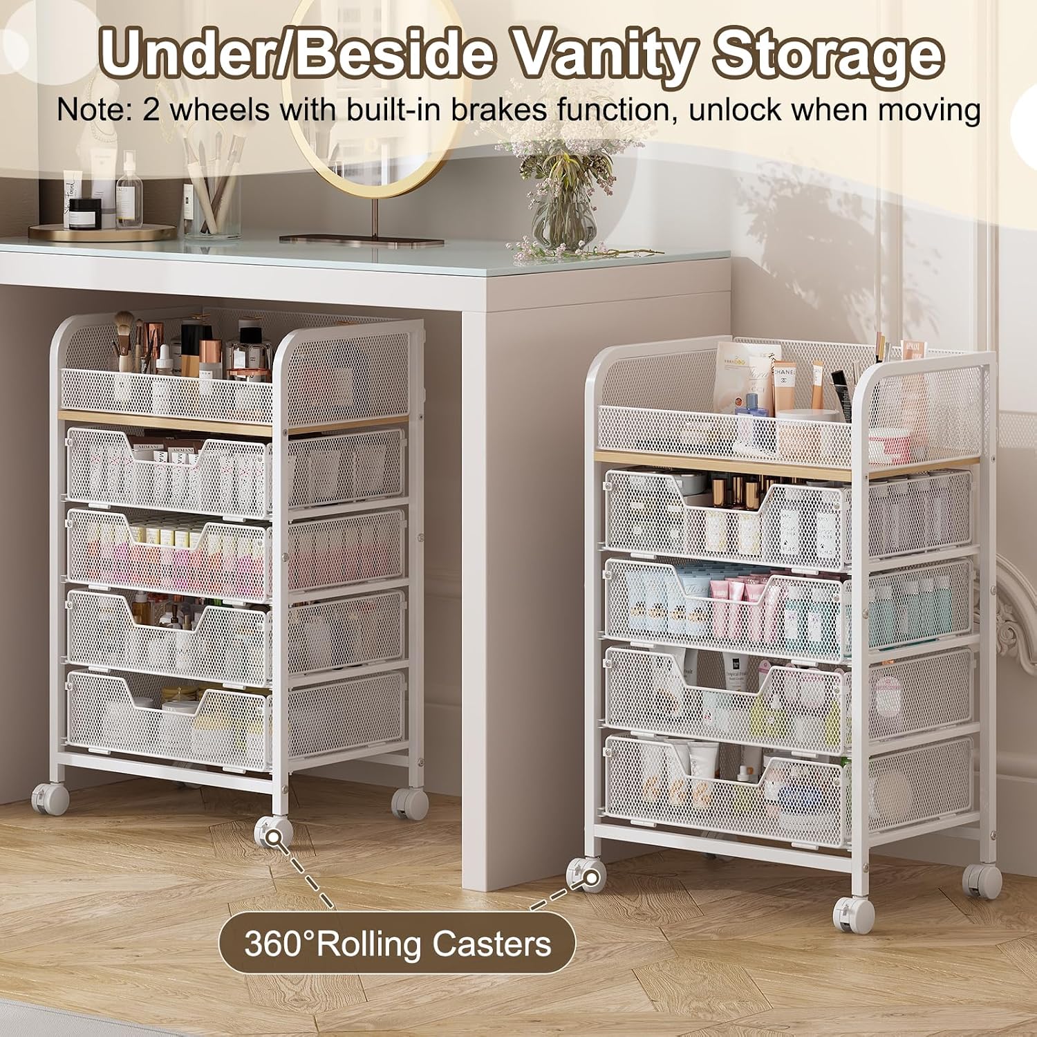 Hongtamoya Makeup Cart Organizer with 4 Drawers, Rolling Makeup Cart, White
