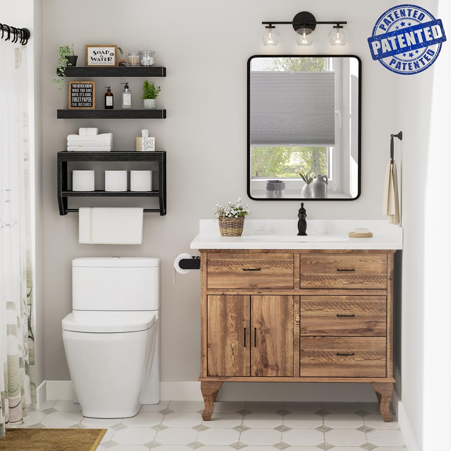 QEEIG Bathroom Wall Shelf Floating Shelves (Black, Set of 3,15.7")