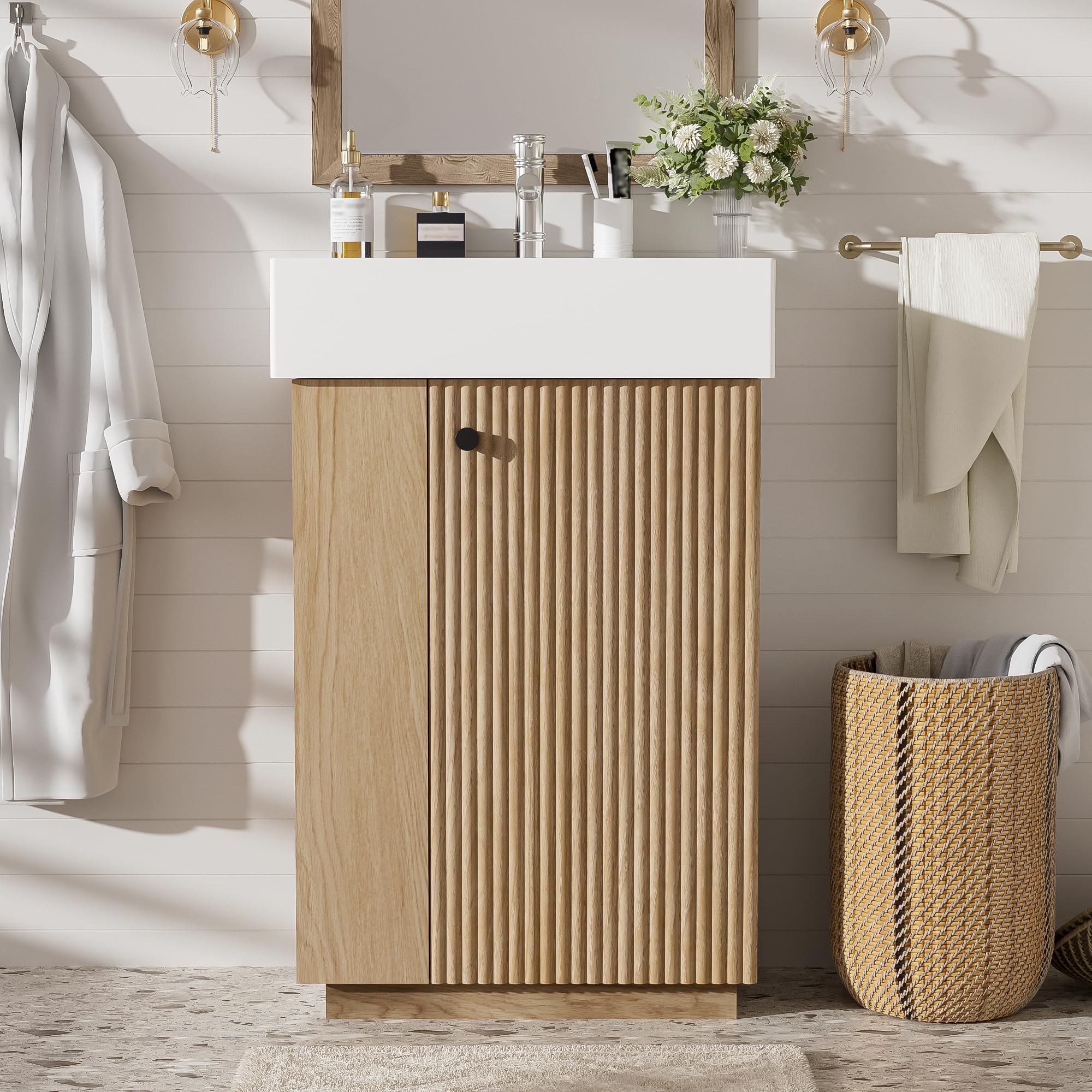 Virubi 20 in Small Bathroom Vanity with Sink, Soft Closing Door,Tilt-Out Drawer and Adjustable Shelf,Solid Wood Frame Modern Single Bathroom Sink Cabinet with Storage, Freestanding, Natural Wood