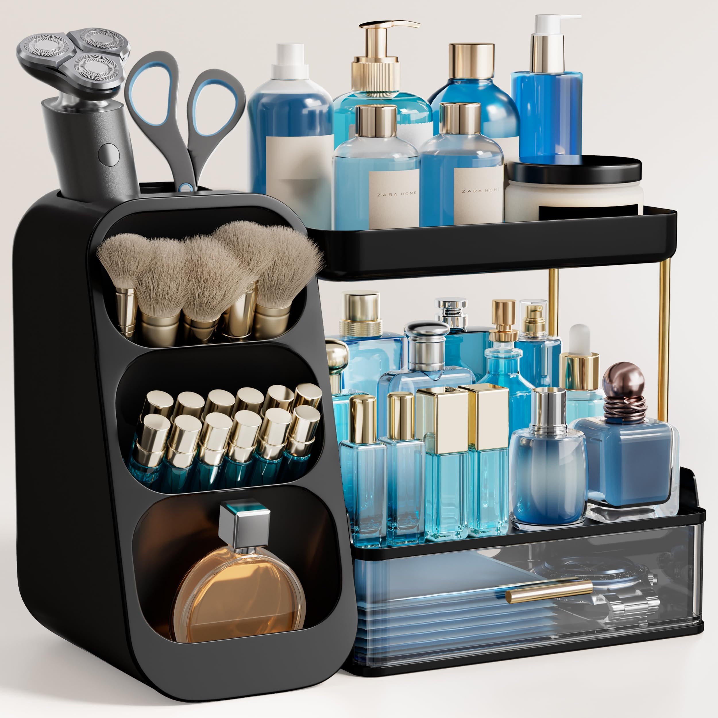 HBlife Makeup Organizer with Brush Holder for Vanity, Large Plastic Bathroom Countertop Organizer Skin Care Storage, Easy to Store Lipsticks, Nail Polishes, Perfumes, Eyeshadow Palettes, All White