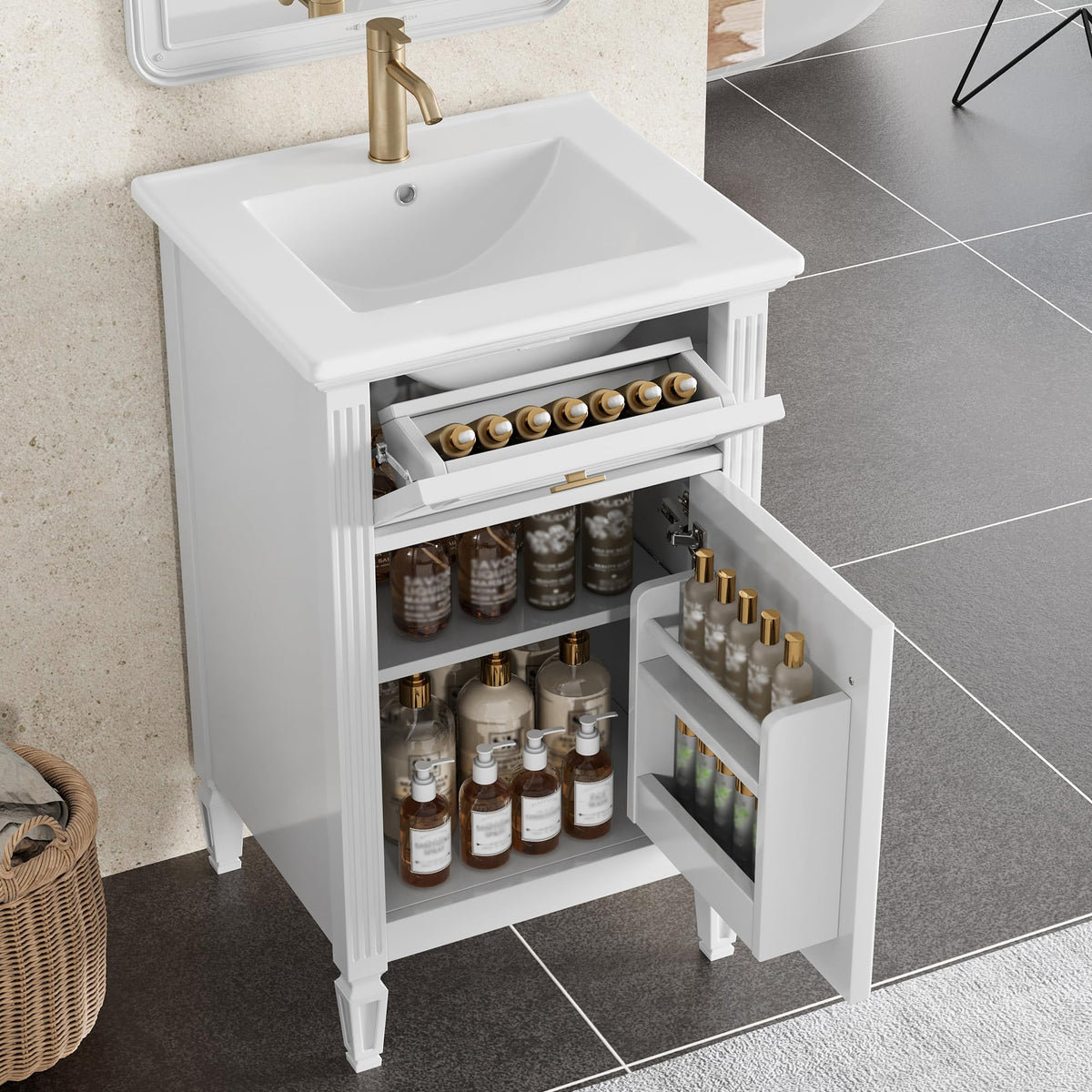 Virubi 20 in Small Bathroom Vanity with Sink, Soft Closing Door,Tilt-Out Drawer and Adjustable Shelf,Solid Wood Frame Modern Single Bathroom Sink Cabinet with Storage, Freestanding, Natural Wood