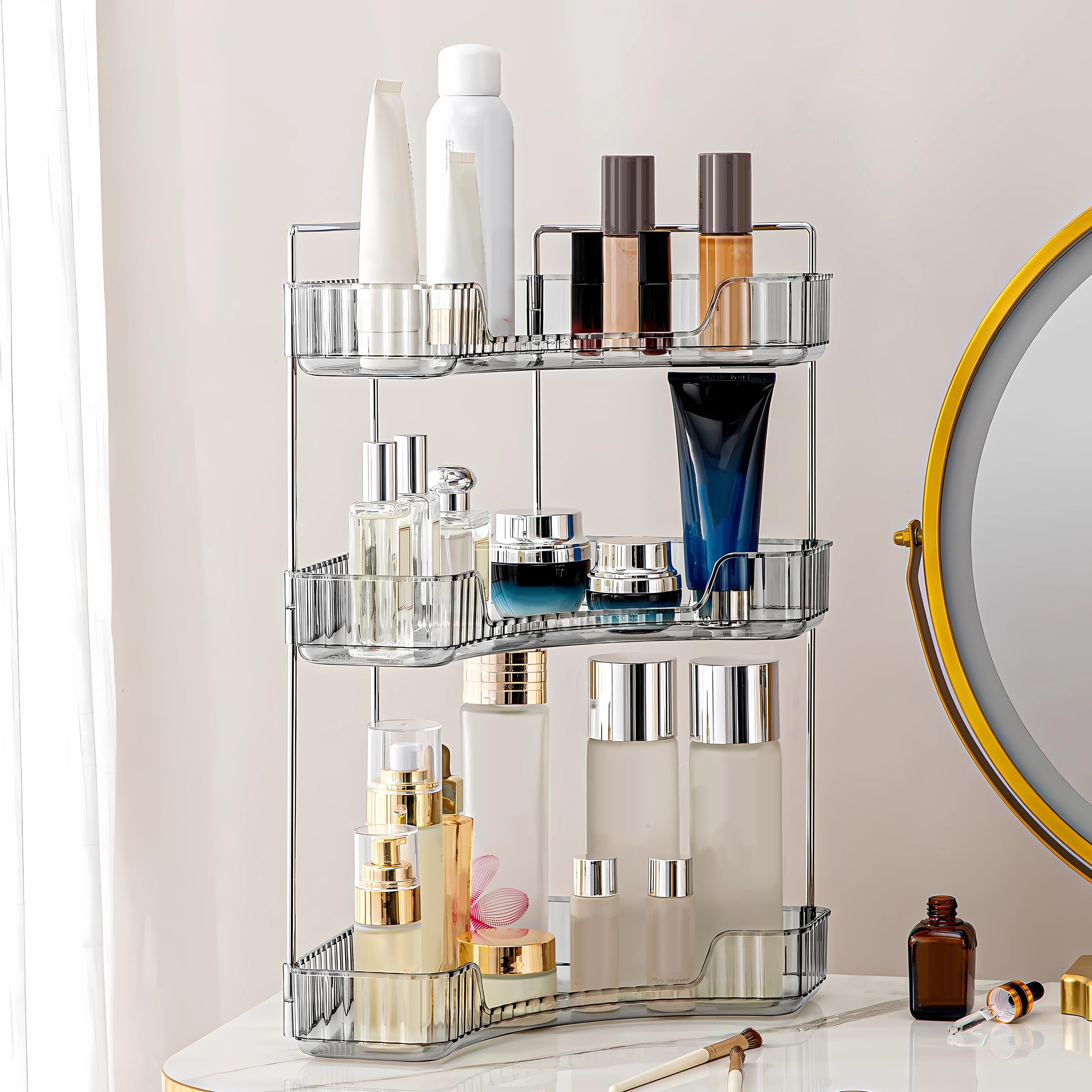 Corner Bathroom Counter Organizer Bathroom Countertop Shelf Makeup Organizer for Vanity Perfume Tray for Corner Storage (2 Tiers, Blue)