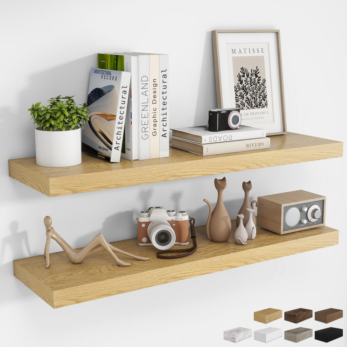 RICHFOCUS 28Inch Floating Shelves for Wall 2 Pack Shelves for Bedroom|Kitchen|Bathroom|Laundry Room Rustic Wood Wall Mounted Shelf with Invisible Brackets for Books|Storage|Decor, Oak