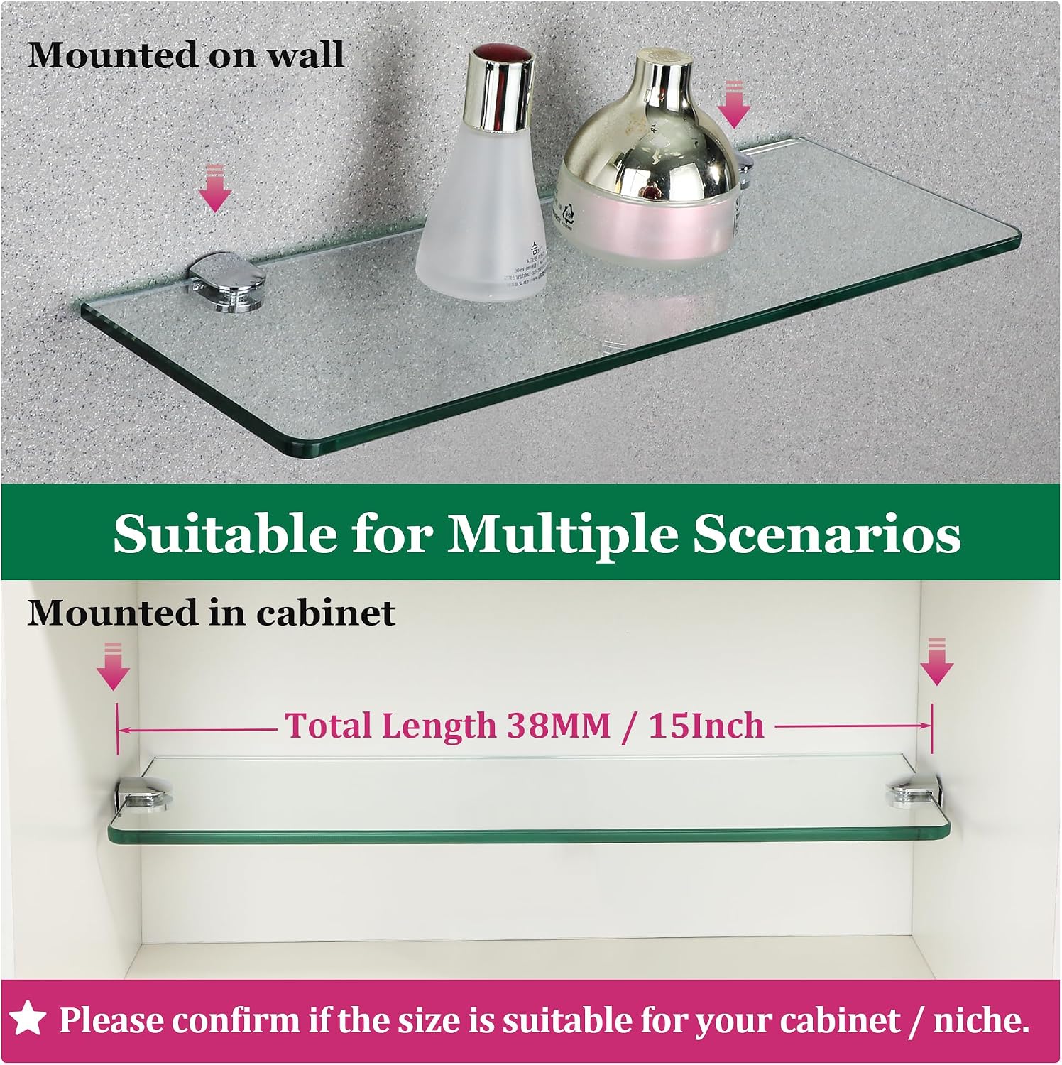 SAYAYO Floating Glass Shelves for Bathroom, Tempered Glass Shelf for Wall 15 x 5 Inch 2 Pack, Clear
