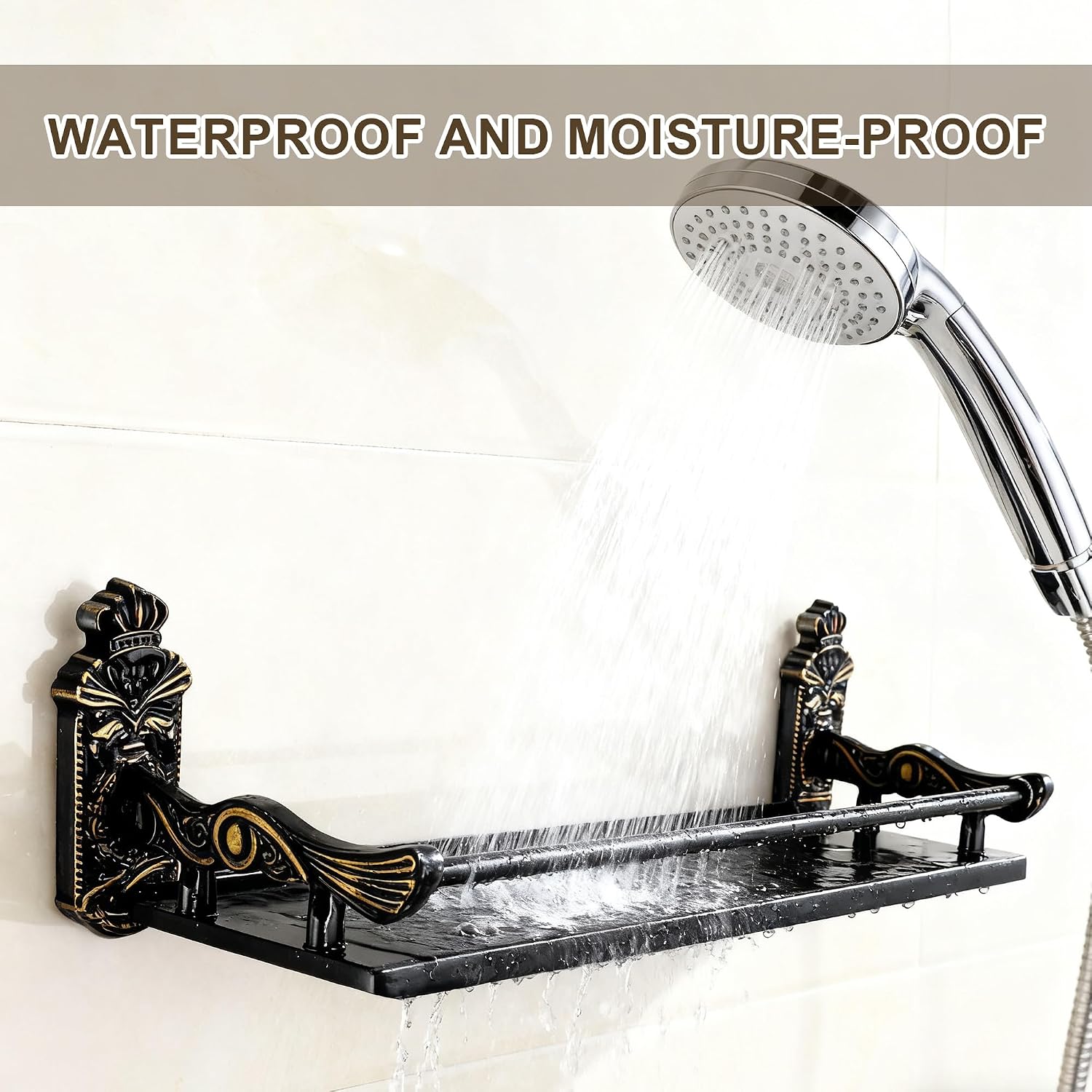 Vintage Bathroom Shelves Wall Mounted with Metal Railing ，Storage Shelves for Bathroom, Kitchen, Living Room & Bedroom (Antique Black, 15.7 Inches)