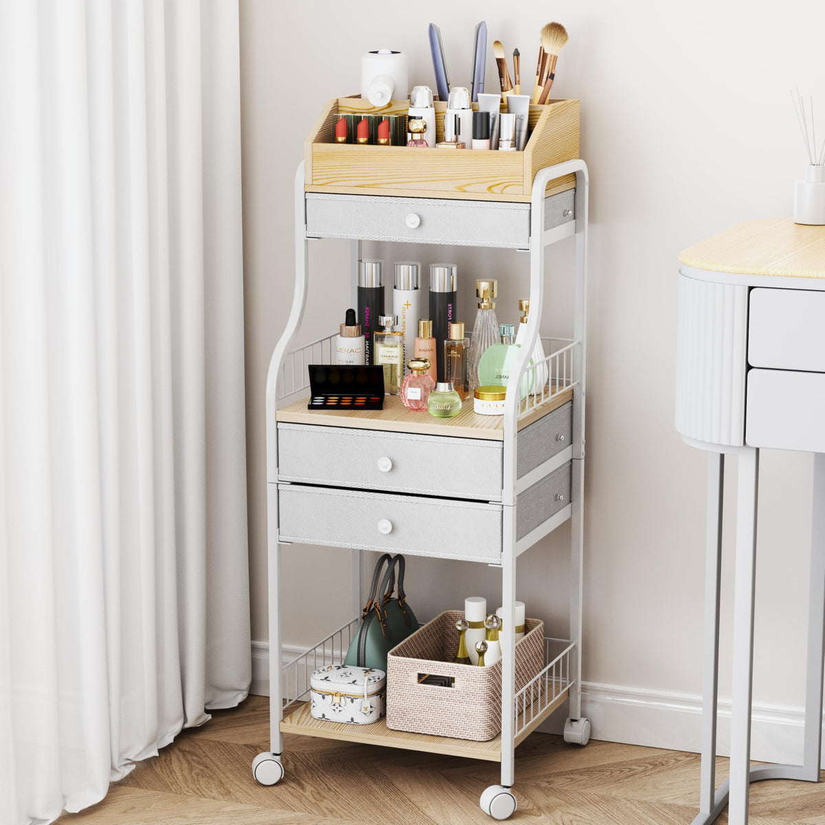 HapiRm Floor Makeup Organizer Storage - Vanity Skincare Make Up Organizers and Storage with Drawers, Cosmetics Display Cases Holder for Skin Care Nail Polish Perfume Makeup Brush