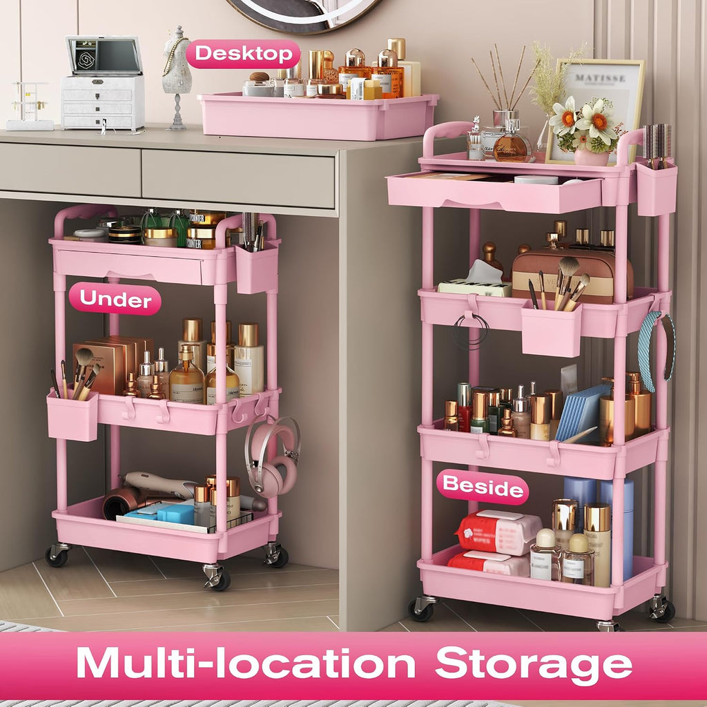 Goovilla Rolling Makeup Organizer Cart with Removable Drawer, 3 Tier Pink