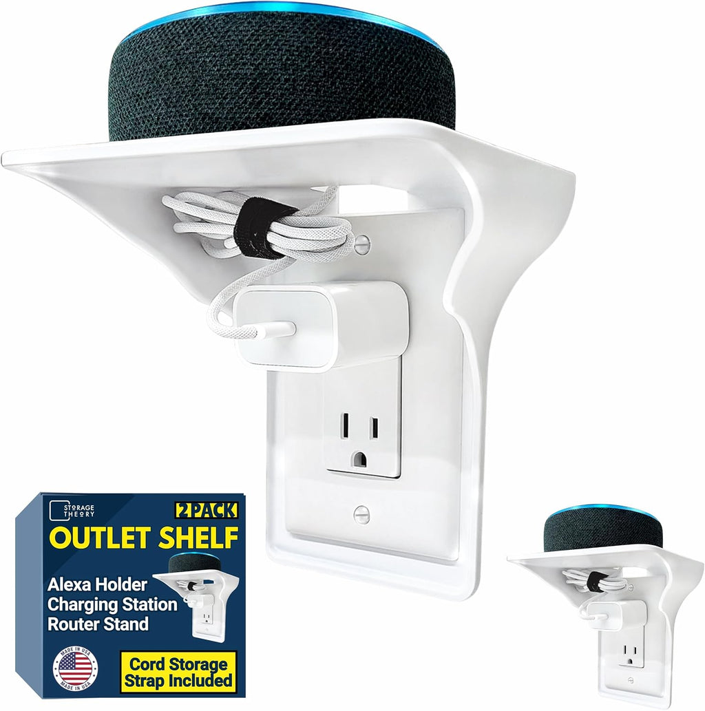 Power Perch Outlet Shelf with Cord Storage Strap, Plug Shelf White 2-Pack