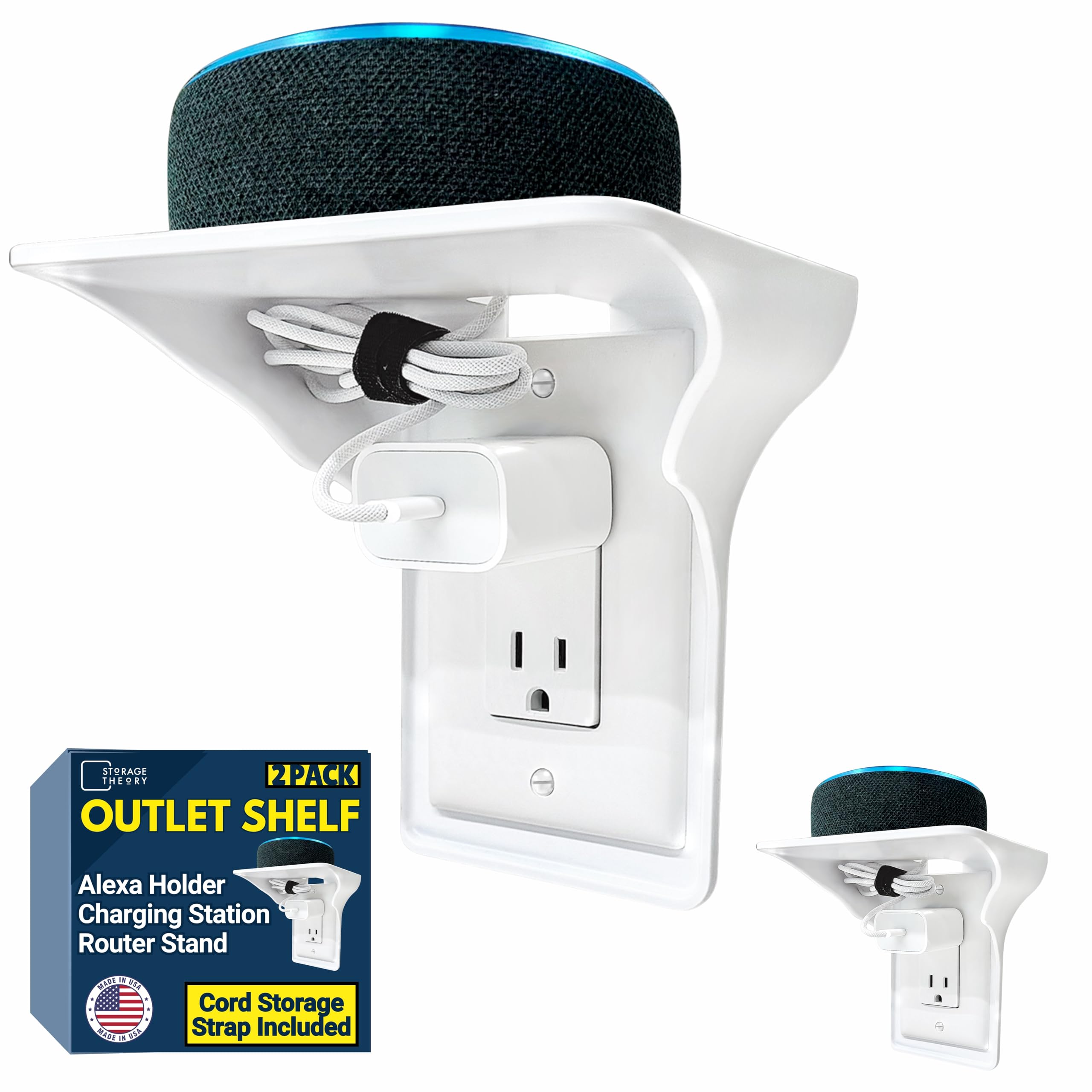 Power Perch Outlet Shelf with Cord Storage Strap, Plug Shelf White 2-Pack