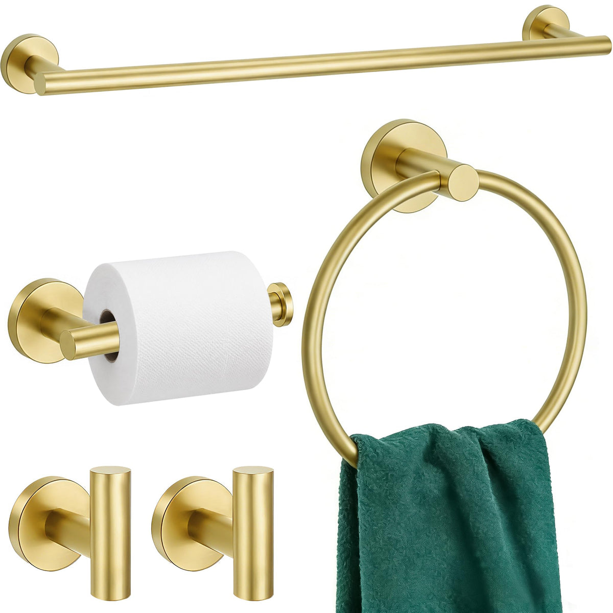 5 Pieces Bathroom Hardware Accessories Set Brushed Gold, 24Inch Bathroom Towel Rack Set SUS304 Stainless Steel, Round Toilet Paper Holder with Shelf Heavy Duty, Wall Mounted